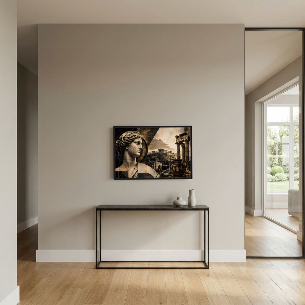 Wandbild mit Antik-Statue und Säulenmotiv, Schwarz-Gold, schwarzer Rahmen