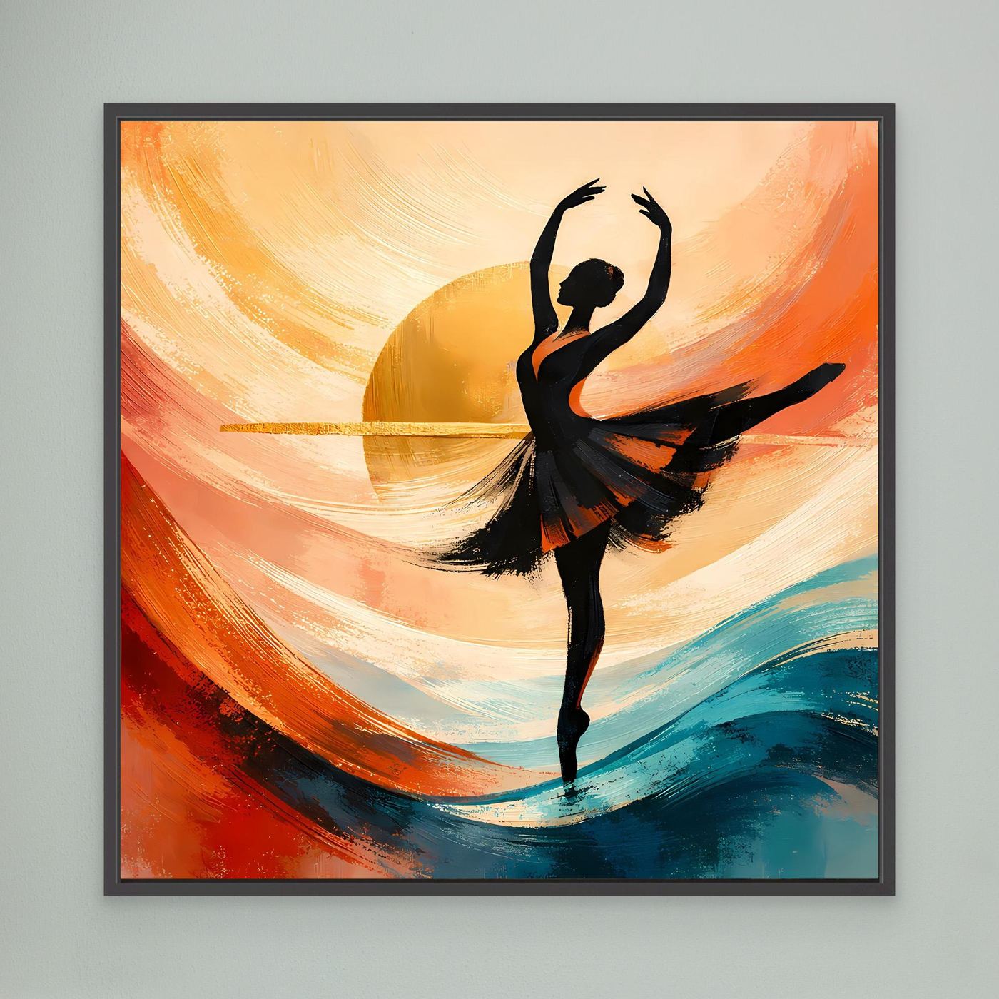 Wandbild mit Ballerina-Silhouette, abstrakten Pinselstrichen in Orange/Türkis, schwarz gerahmt