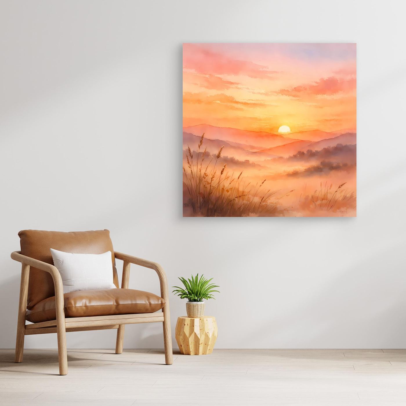 Leinwandbild, warmes Aquarell Sonnenuntergang über Bergen mit goldenem Licht und Schilf