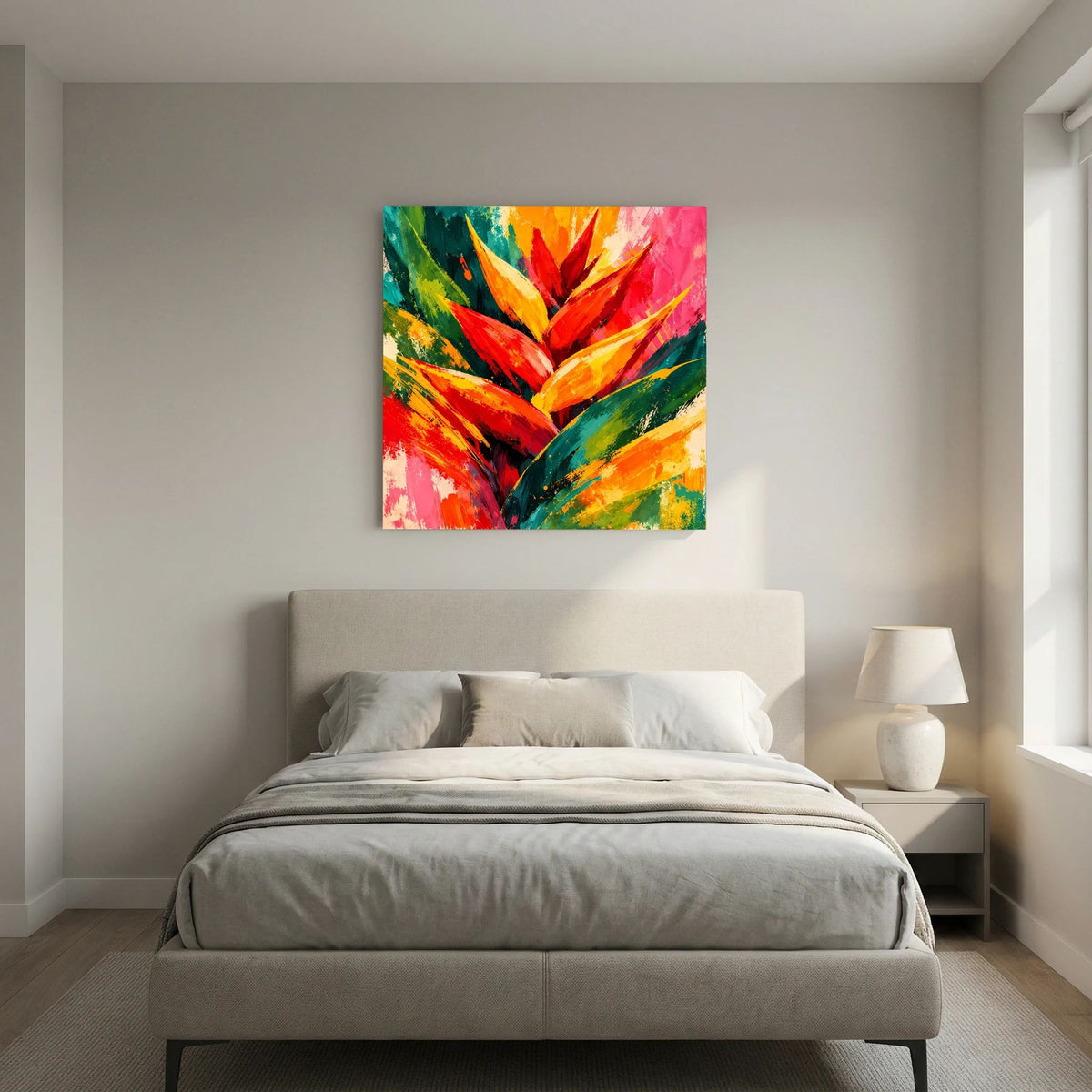 Leinwand Abstrakte Helikonie Blüte | Modernes Tropen Wandbild Bunt Exotisch