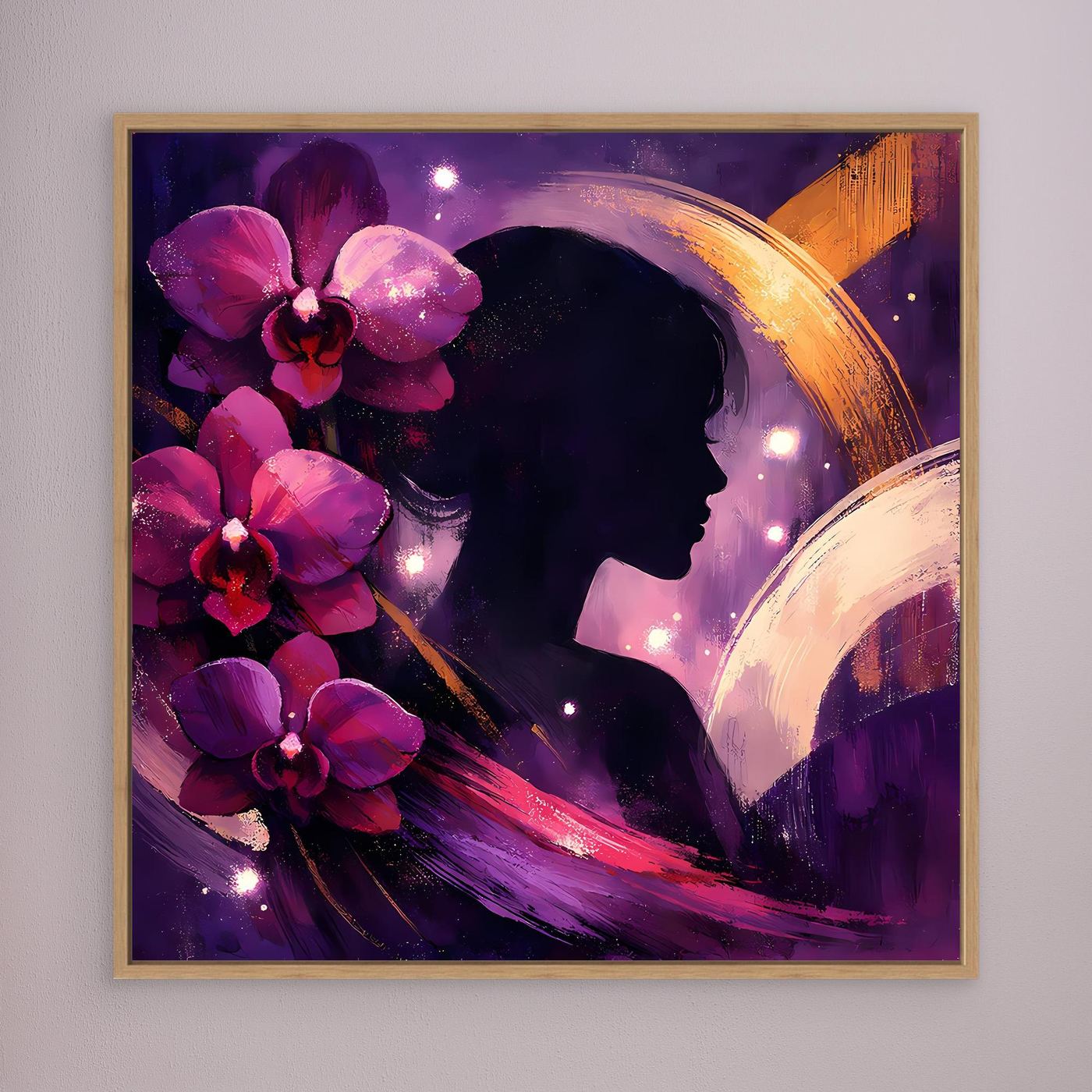 Abstraktes Leinwandbild mit Frauensilhouette und Blumen, braun geahmt mit Holzoptik