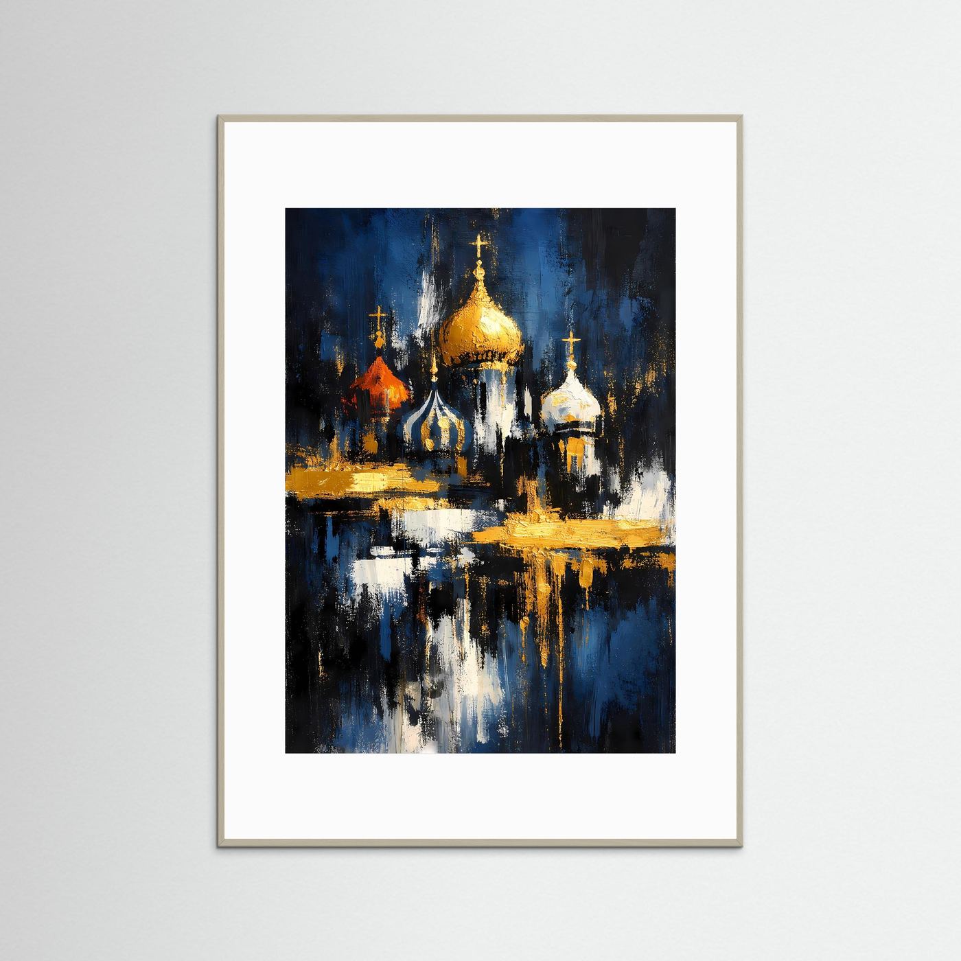 Architektur-Poster mit Kathedrale und goldenen Kuppeln, blaues Nachtbild, grauer Rahmen