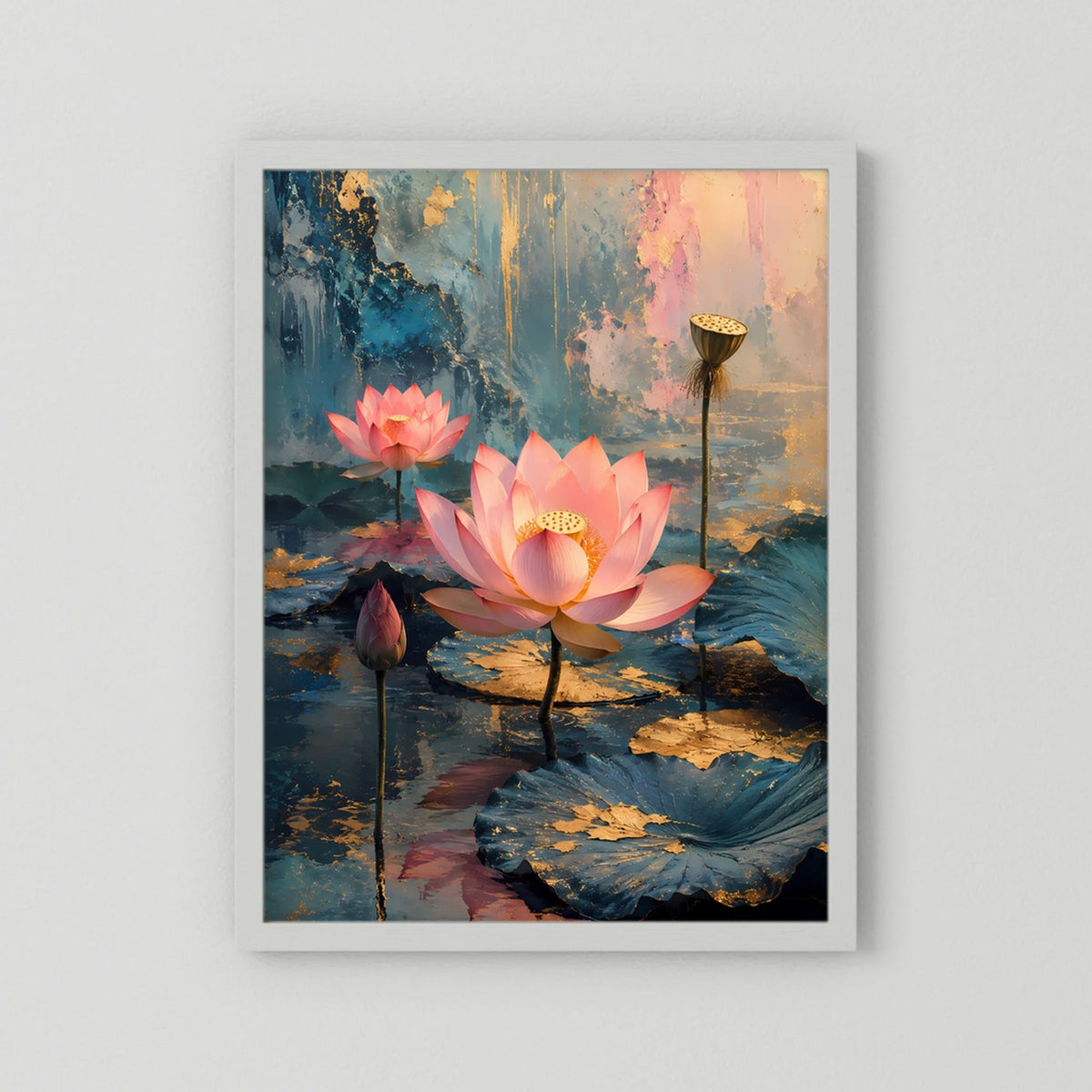 Gerahmtes Poster mit rosa Lotusblüten und goldenen Akzenten, weißes Passepartout
