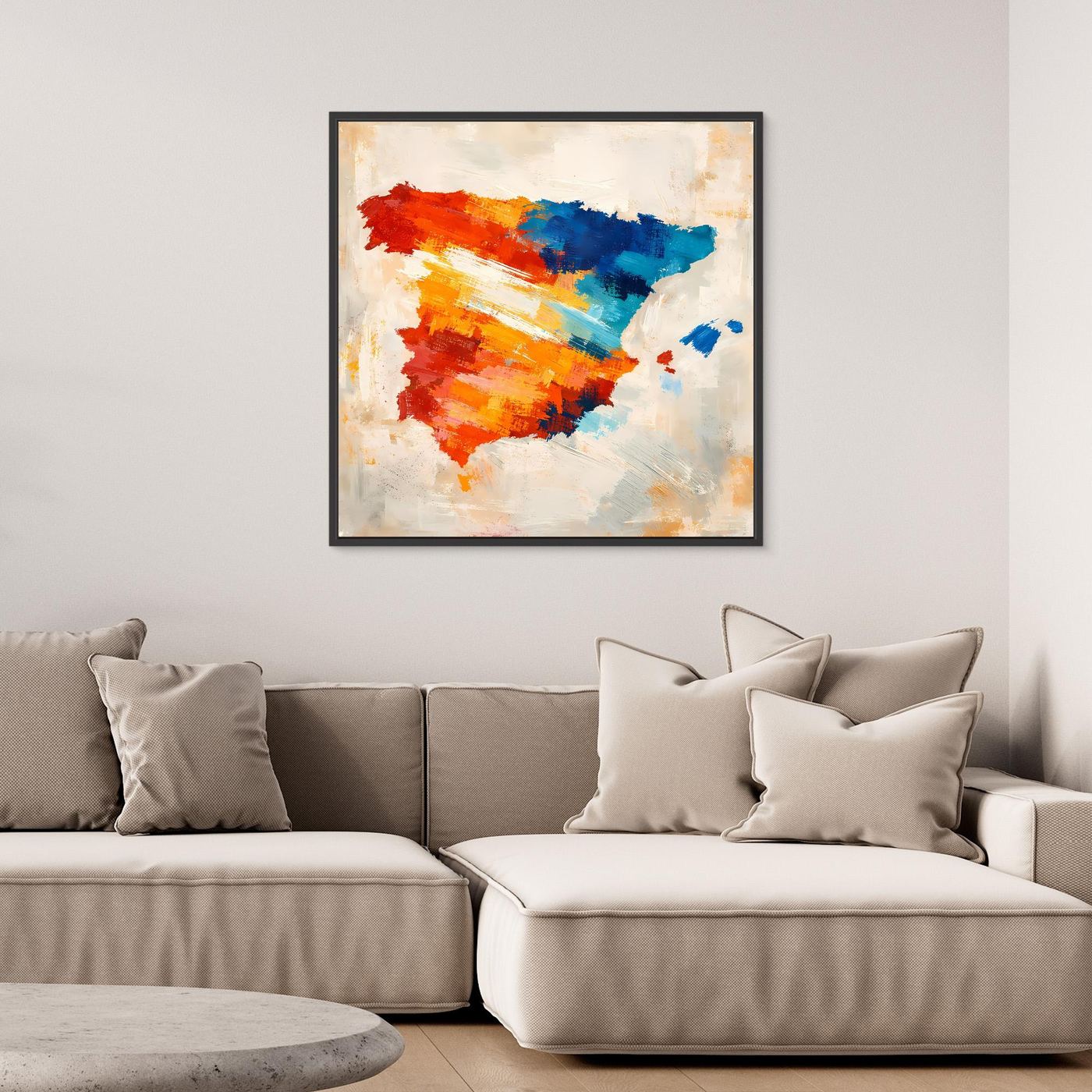 Abstract Spain map canvas wall art with black frame, red orange and blue on light ground.