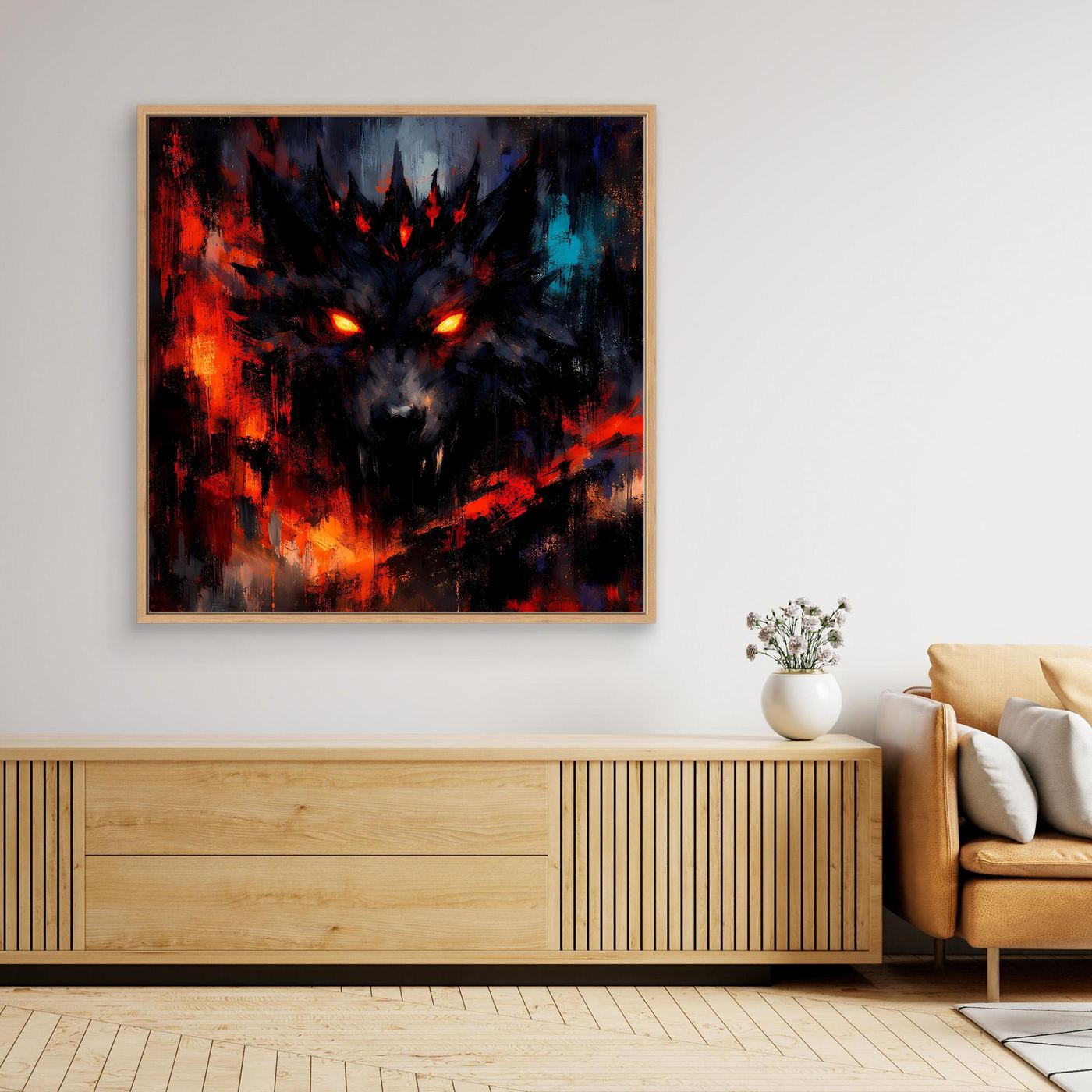Abstraktes Wolfsgesicht auf Leinwand, leuchtend rot/orange, Holzrahmen (Eiche)