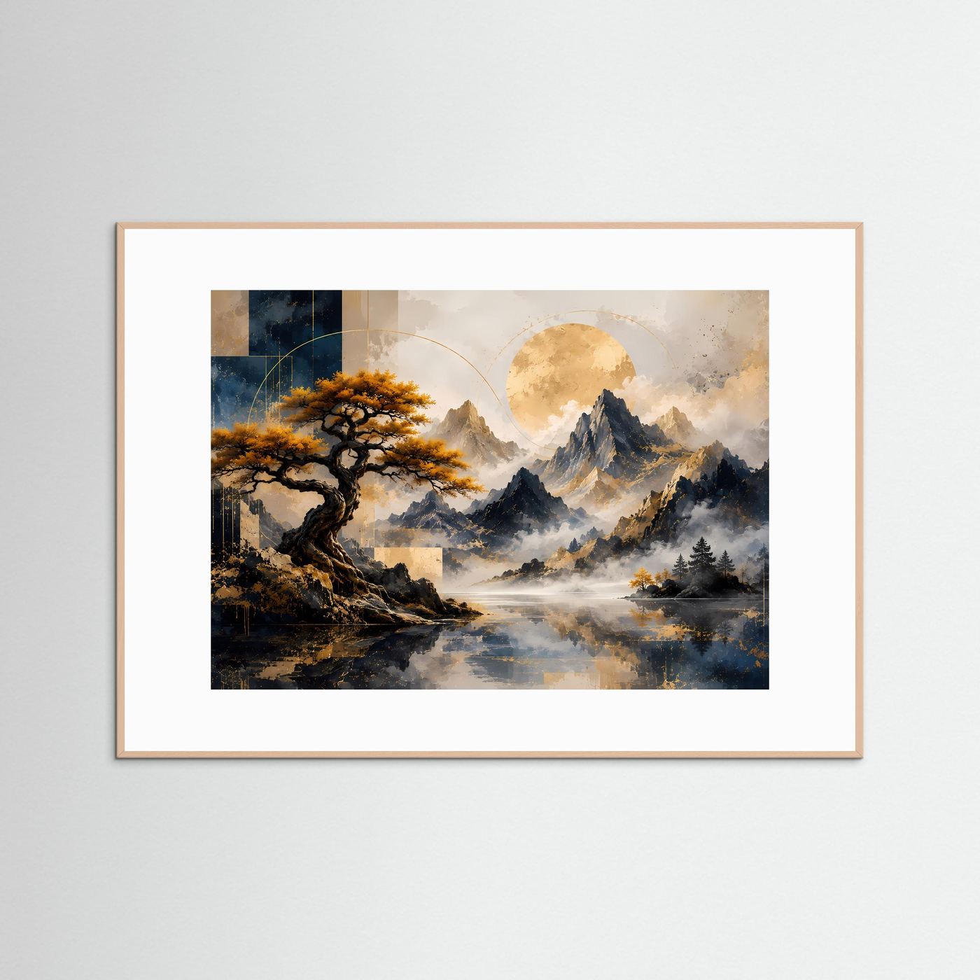 Poster Querformat, braun gerahmt: goldener Baum, Berge und Mond in Blau und Gold