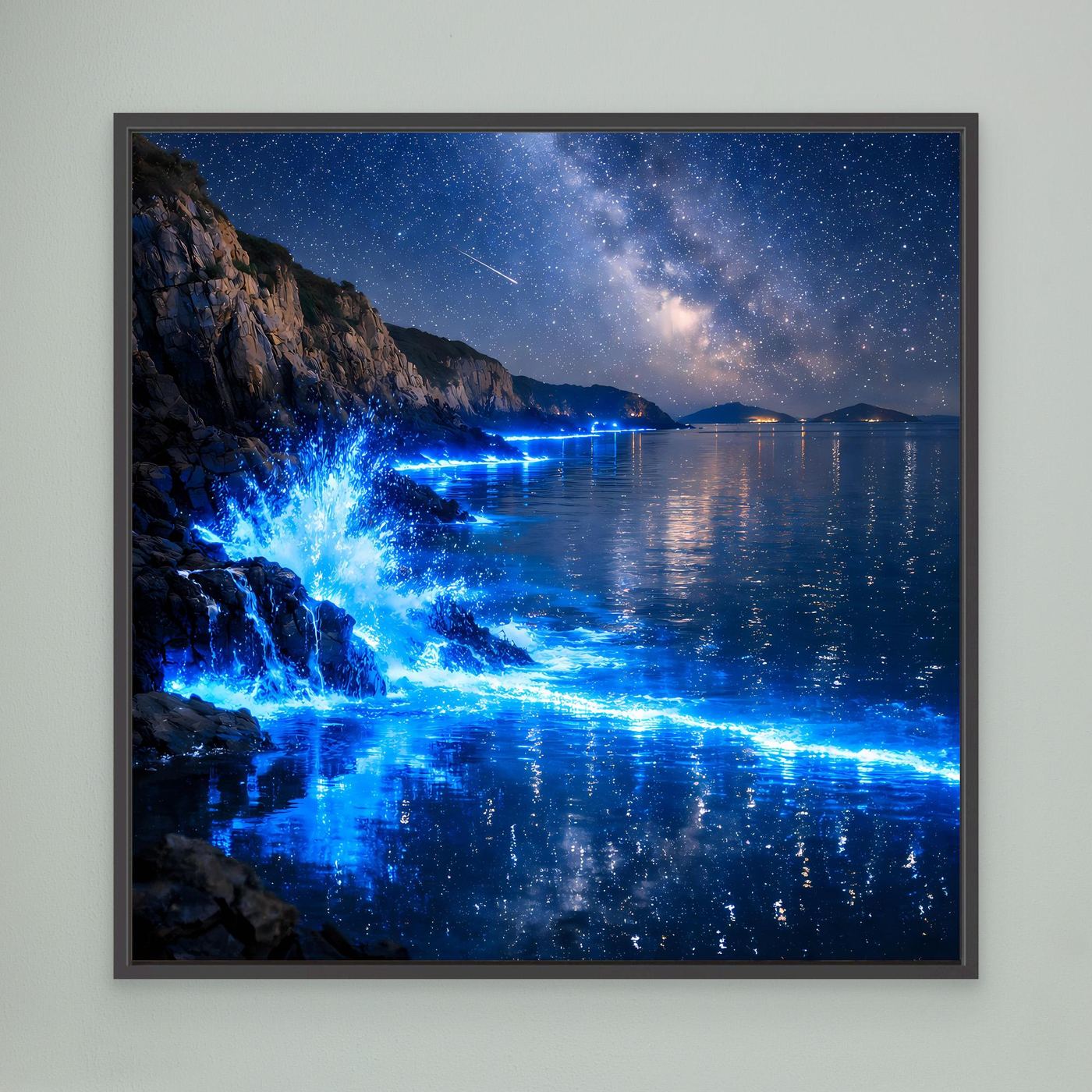 Leinwandbild mit blauem Meeresleuchten, Sternenhimmel und Wasserreflexen, schwarz gerahmt