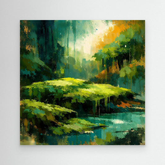 Abstraktes Dschungel-Wandbild mit grünem Fluss und gelbem Licht, ohne Rahmen