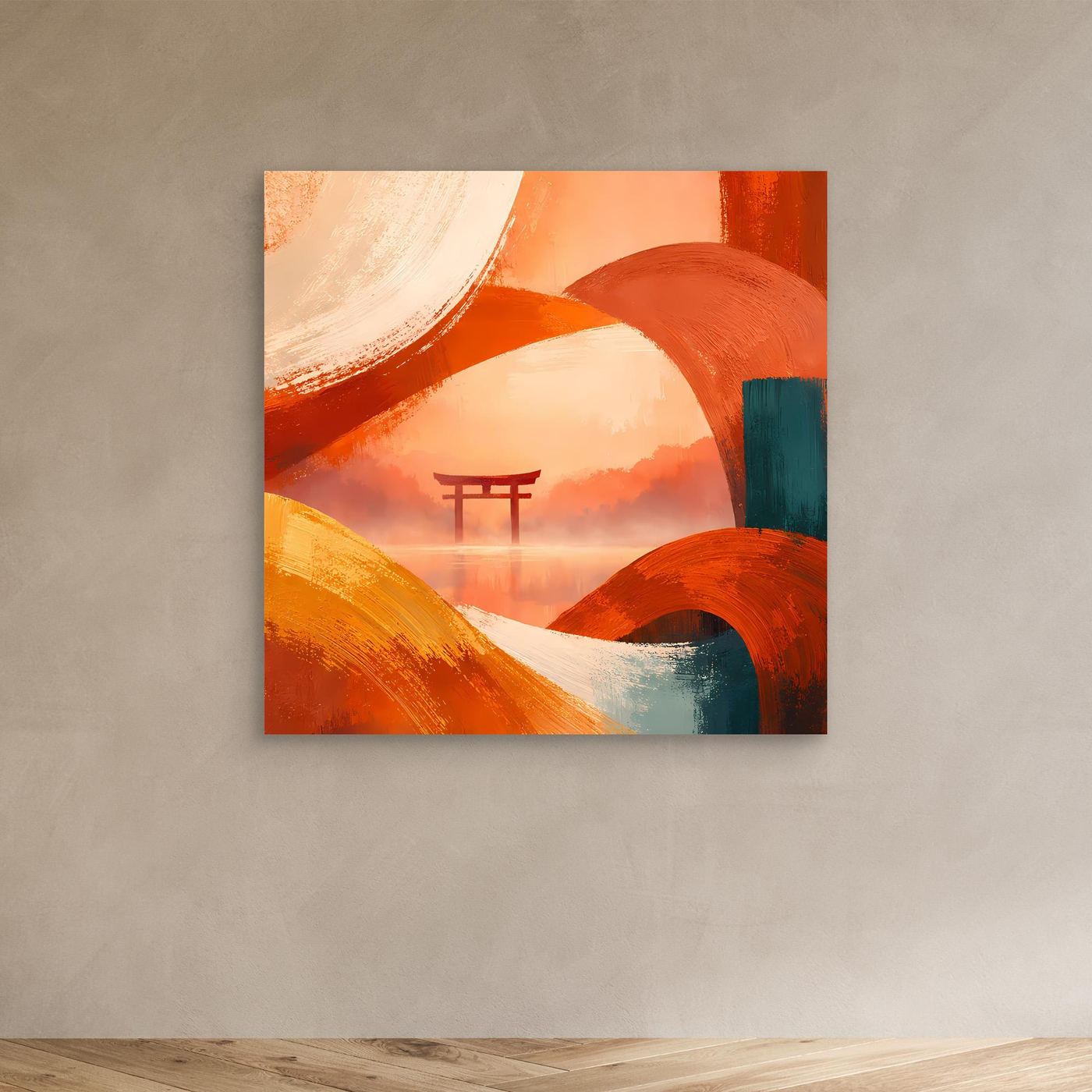 Leinwandbild mit Torii-Tor in Orange- und Türkistönen, ohne sichtbaren Rahmen, klein an Wand.