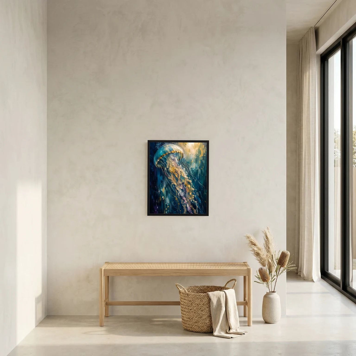 Kleines, gerahmtes Poster mit abstrakter Qualle in Blau und Gold