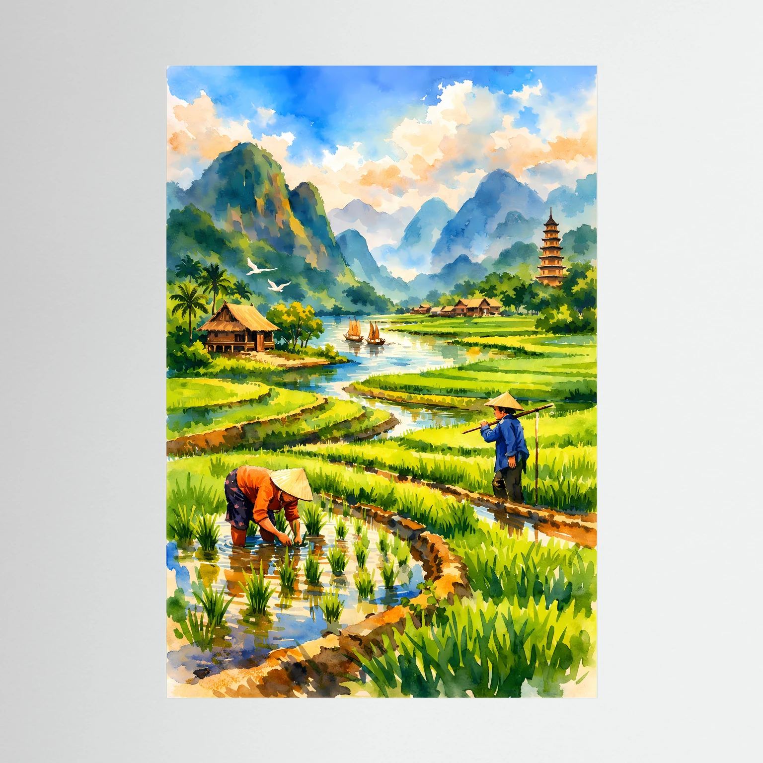 Hochformat-Wandposter mit Reisfeldern, Fluss und Pagode in der Berglandschaft