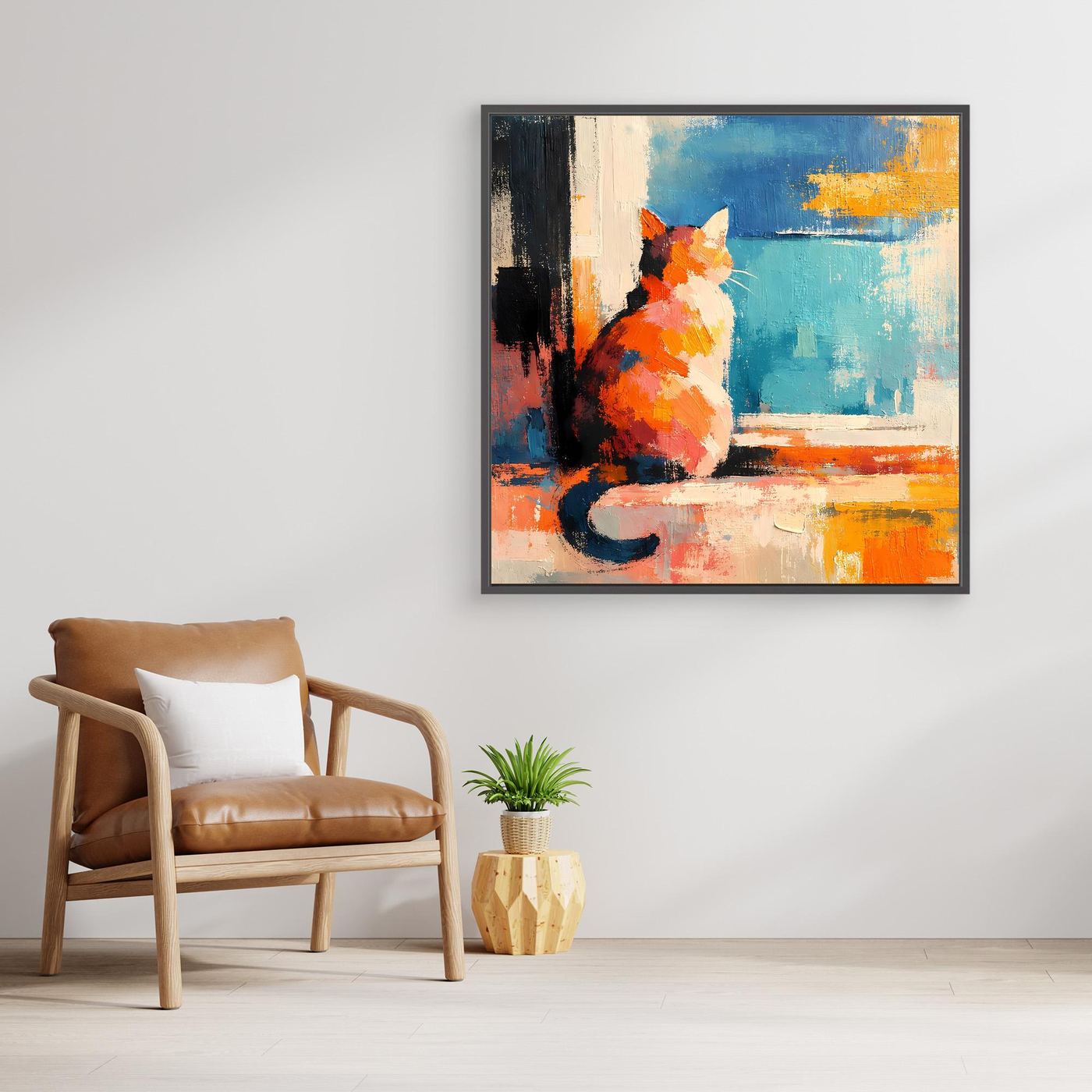 Black-framed abstract cat wall art canvas, orange cat with blue, orange, and cream strokes