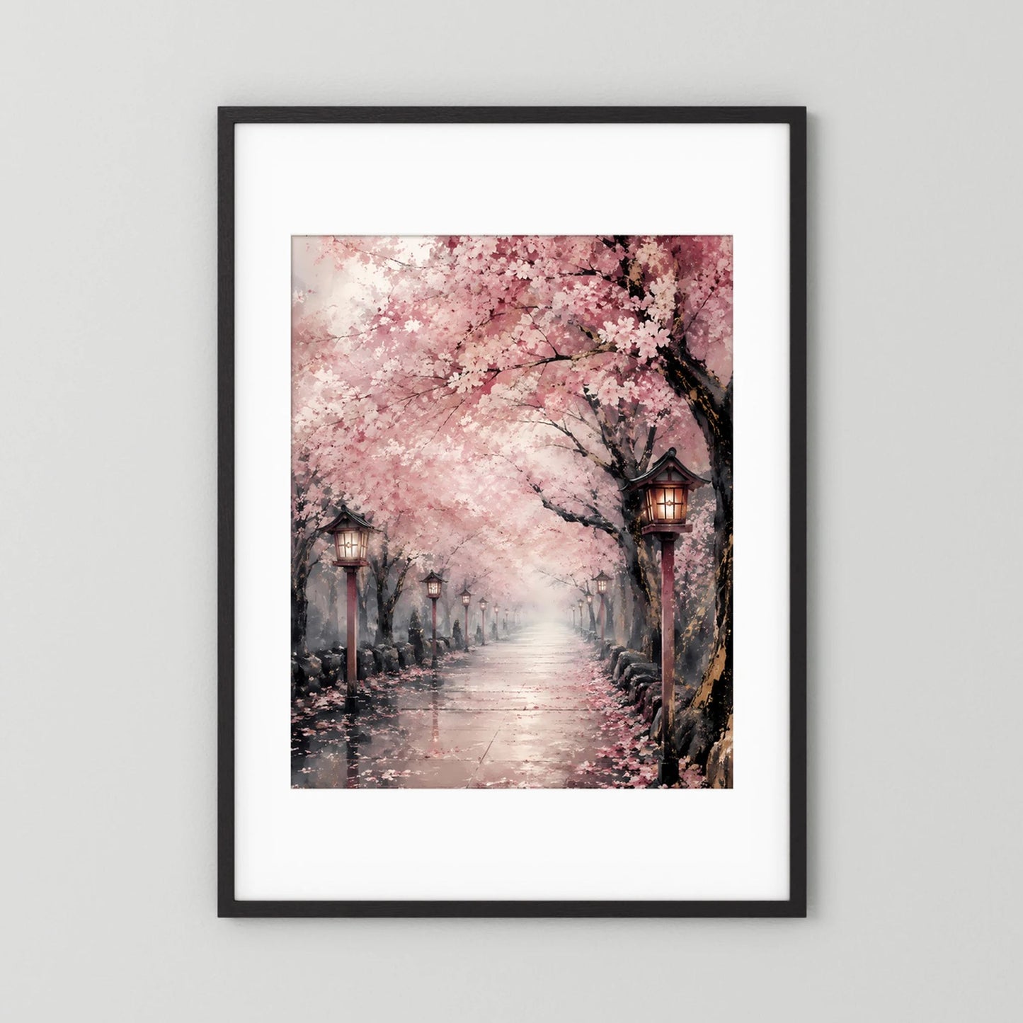 Hochformat-Poster mit rosa Kirschblütenallee und Laternen, schwarzer Rahmen mit weißem Rand