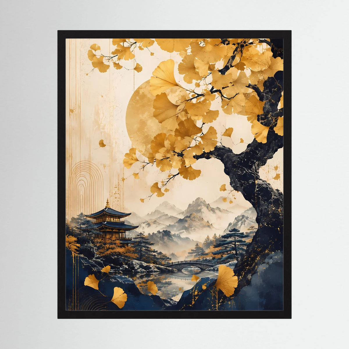 Ginkgobaum-Poster im Hochformat mit Pagode, Bergtal und Wasserlauf, schwarzer Rahmen