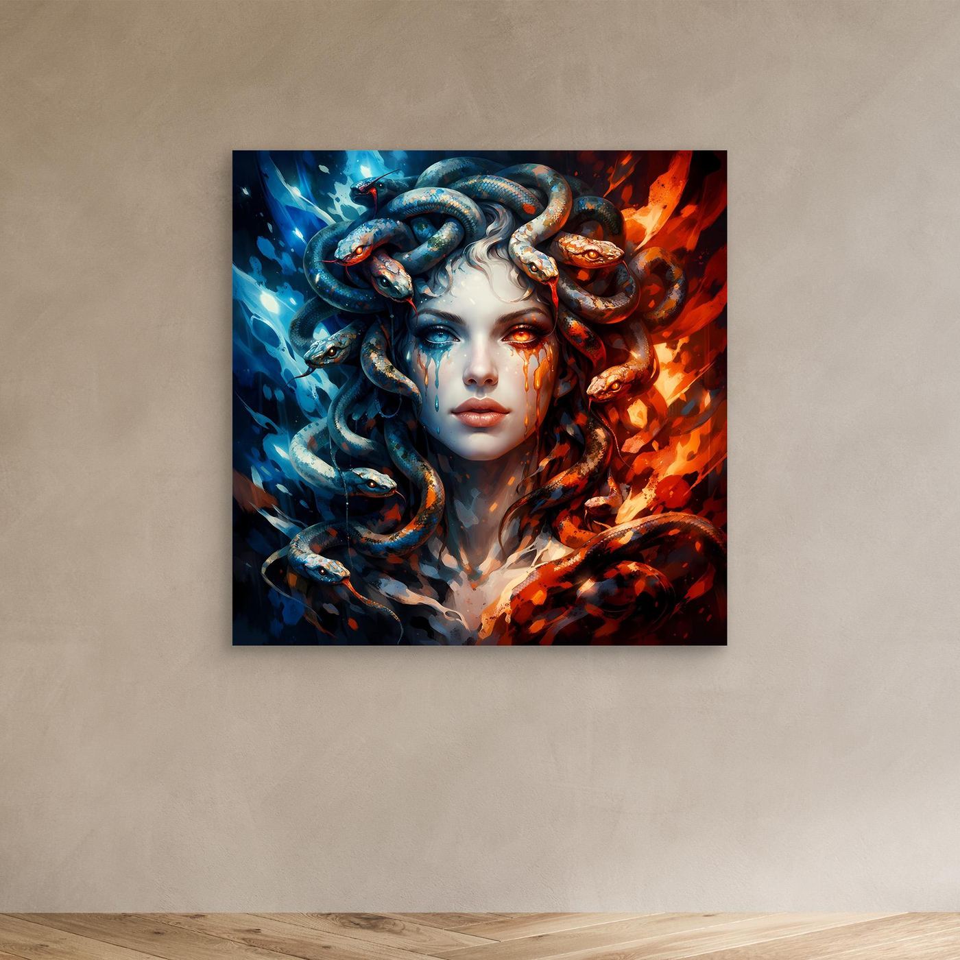 Leinwand Mystische Medusa im Feuer- und Eis-Kontrast | Modernes Fantasy Wandbild