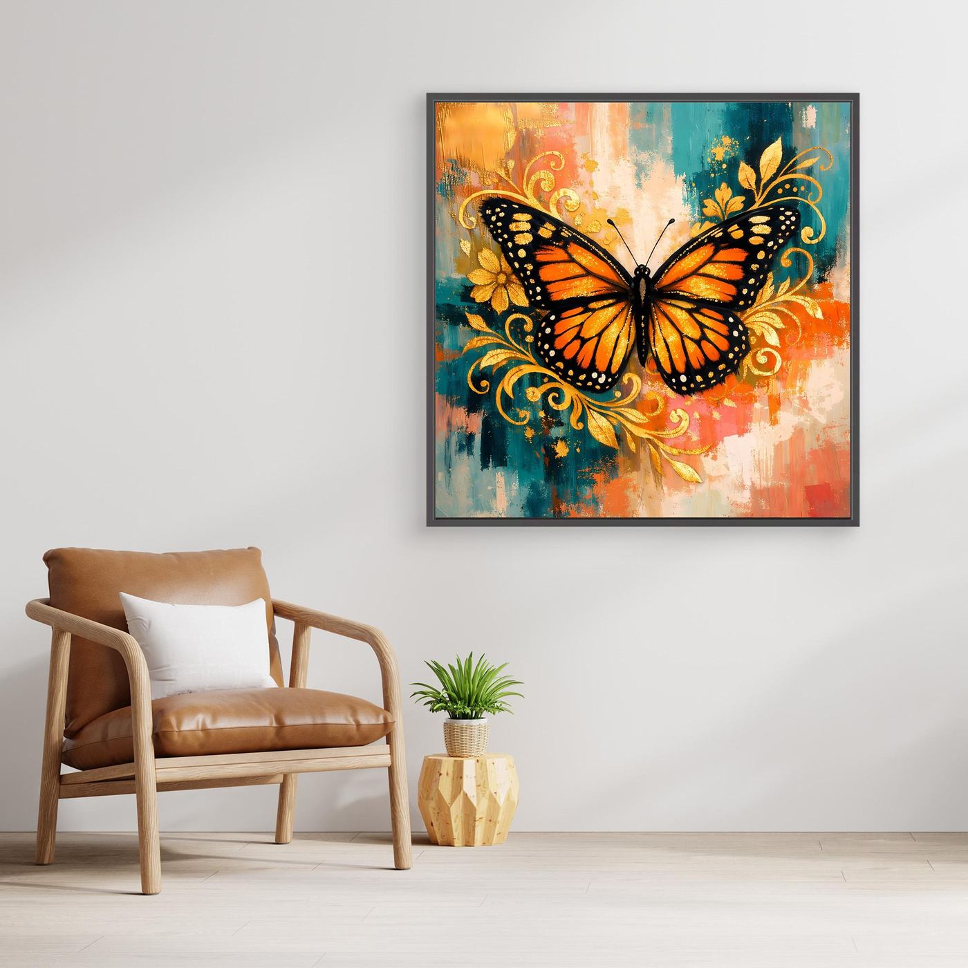 Leinwand-Wandbild mit Monarchfalter in Orange-Blau, goldene Ornamentlinien