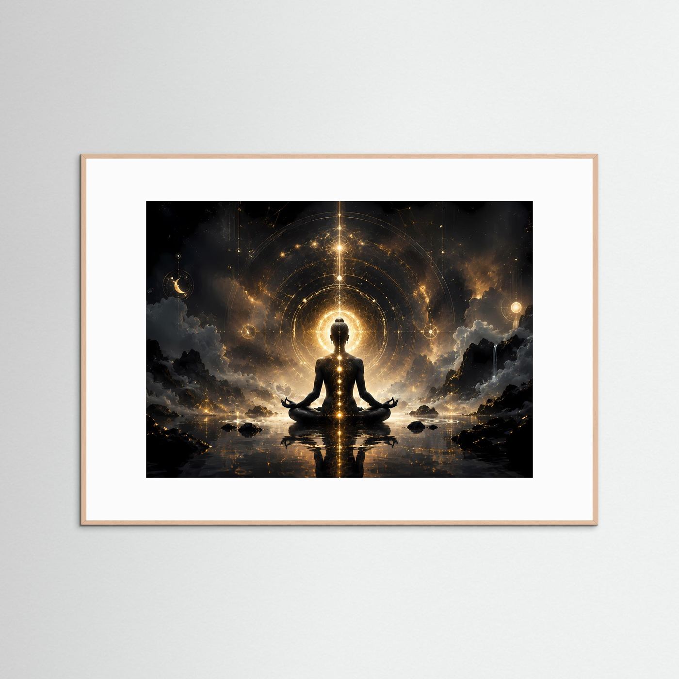 Meditation & Heilige Geometrie in Gold | Spirituelles Zen Wandbild Querformat