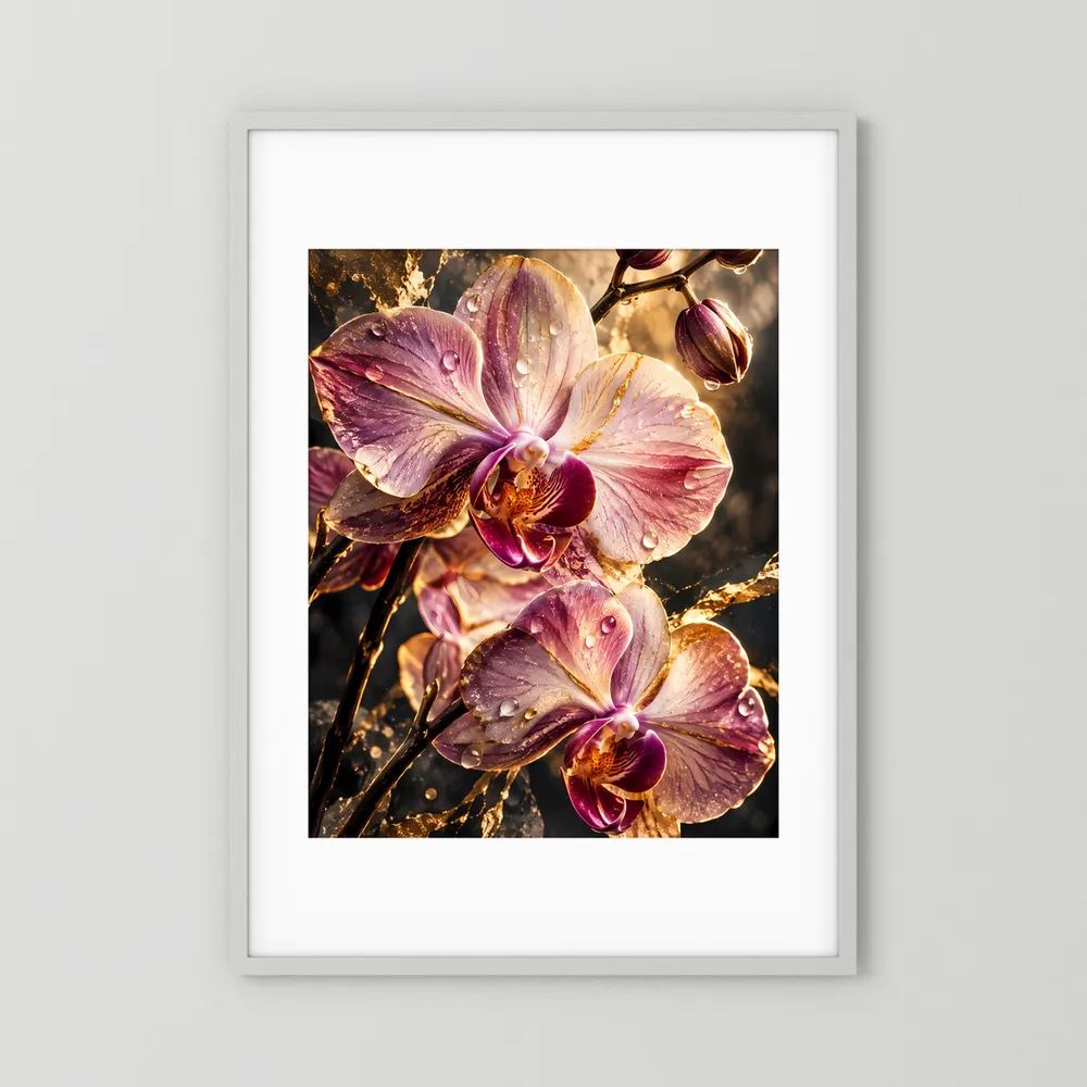 Hochformatiges Poster mit rosa Orchideenblüten und Wassertropfen im weißen Rahmen
