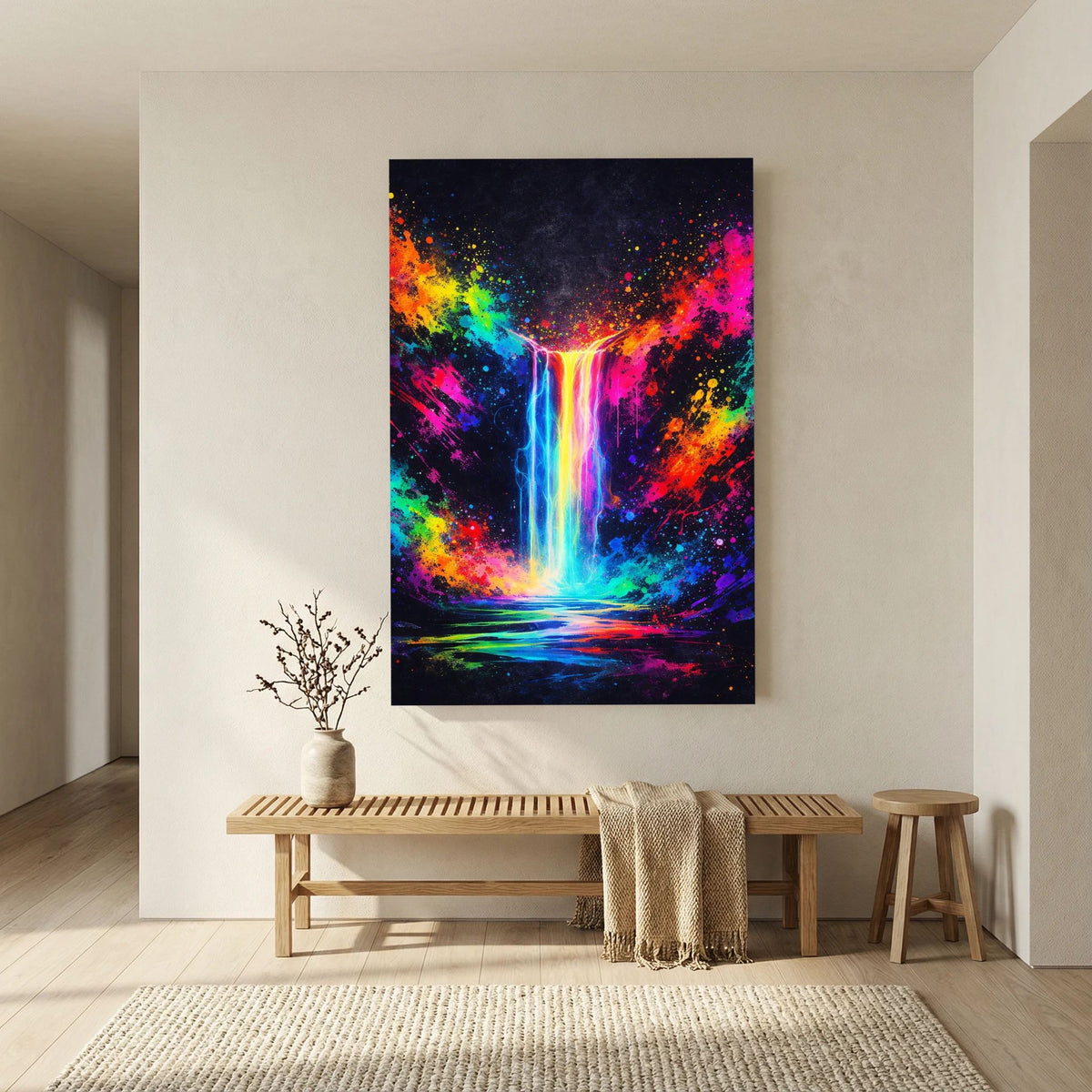 Neon-Wandposter mit abstraktem Wasserfall in Regenbogenfarben, schwarzer Rand, Hochformat