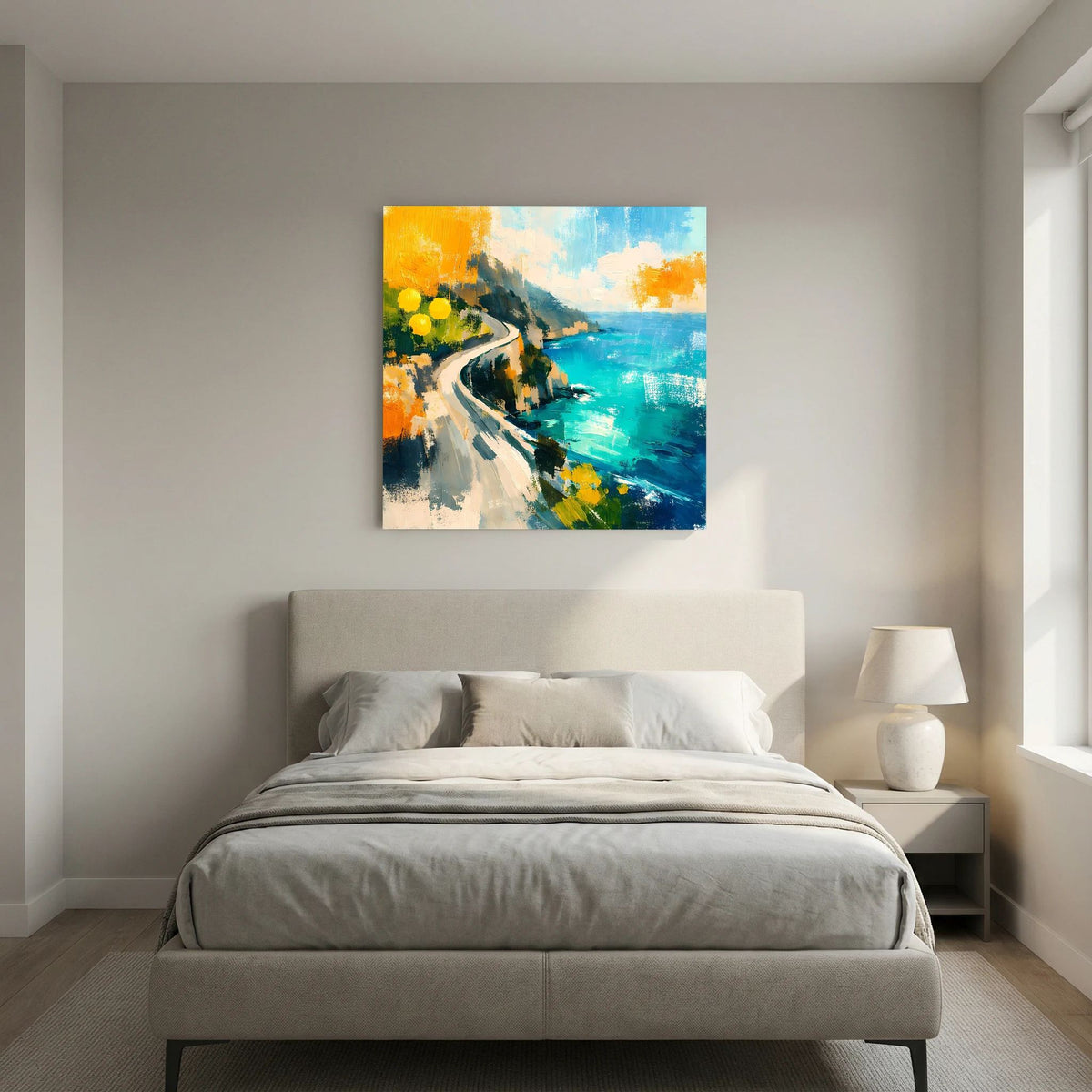 Abstraktes Leinwand-Wandbild mit Küstenstraße in Blau und Orange mit gelben Akzenten