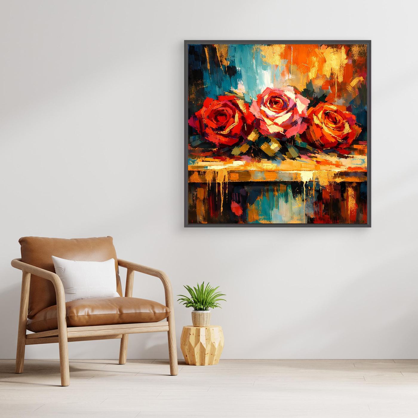 Quadratisches Leinwandbild mit abstrakten Rosen, helle Holzrahmung, warmes Orange, Rot und Blau