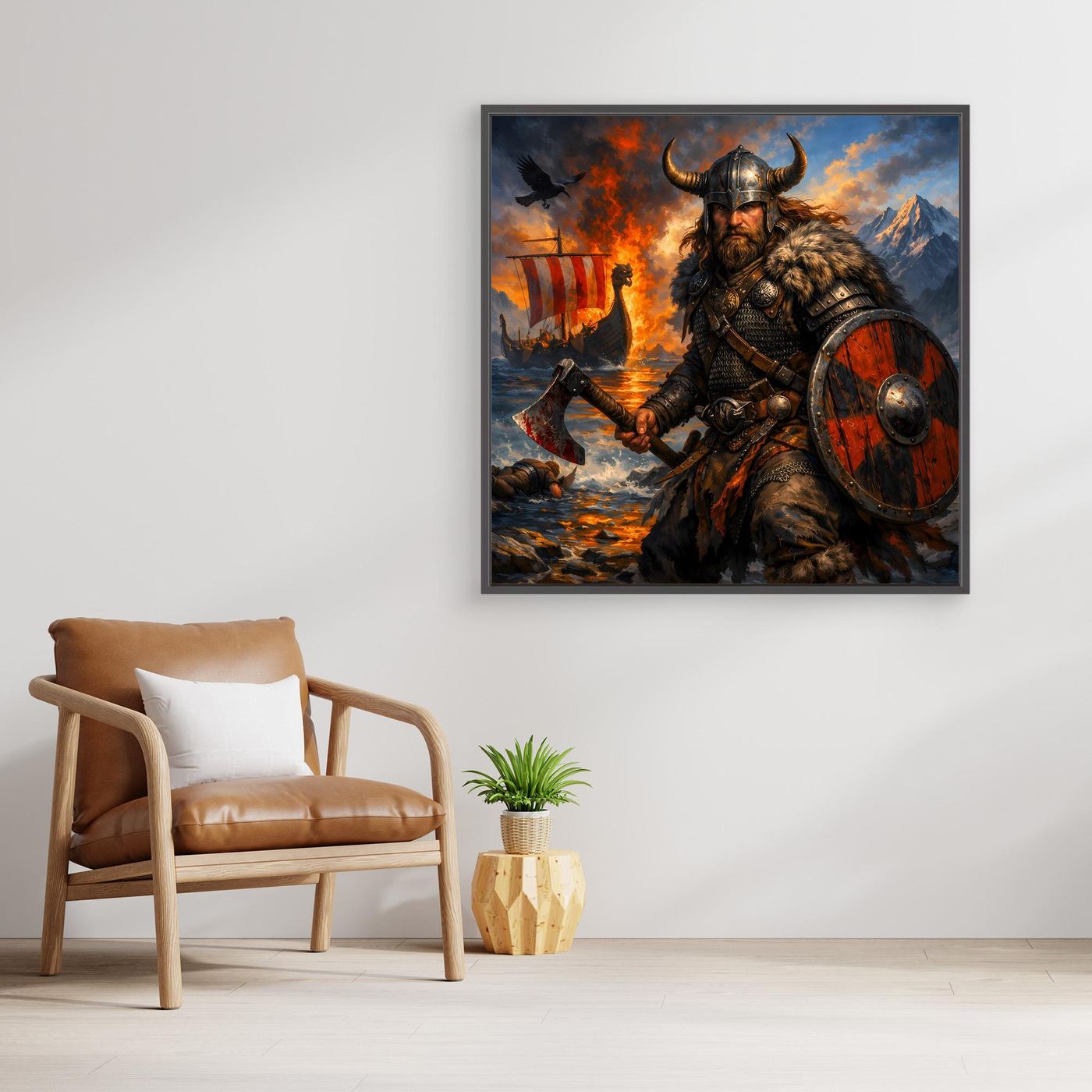 Leinwand Epischer Wikinger-Krieger an der Küste | Modernes Nordisches Wandbild