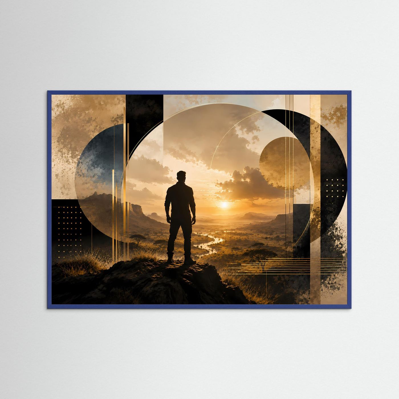 Poster im Querformat mit blauem Rahmen, Silhouette eines Mannes vor goldener Sonne