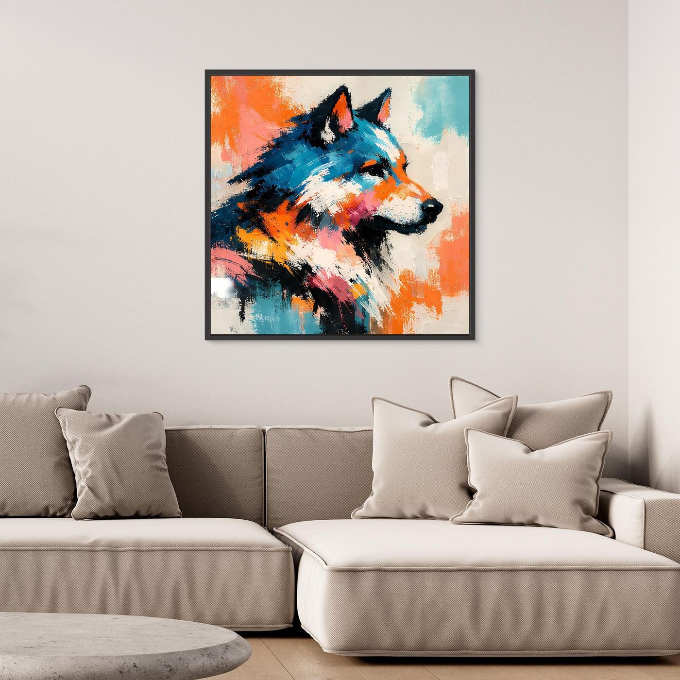 Leinwandbild mit abstraktem Wolf im Pop-Art-Stil im schwarzen Rahmen, farbenfrohes Blau-Orange-Motiv
