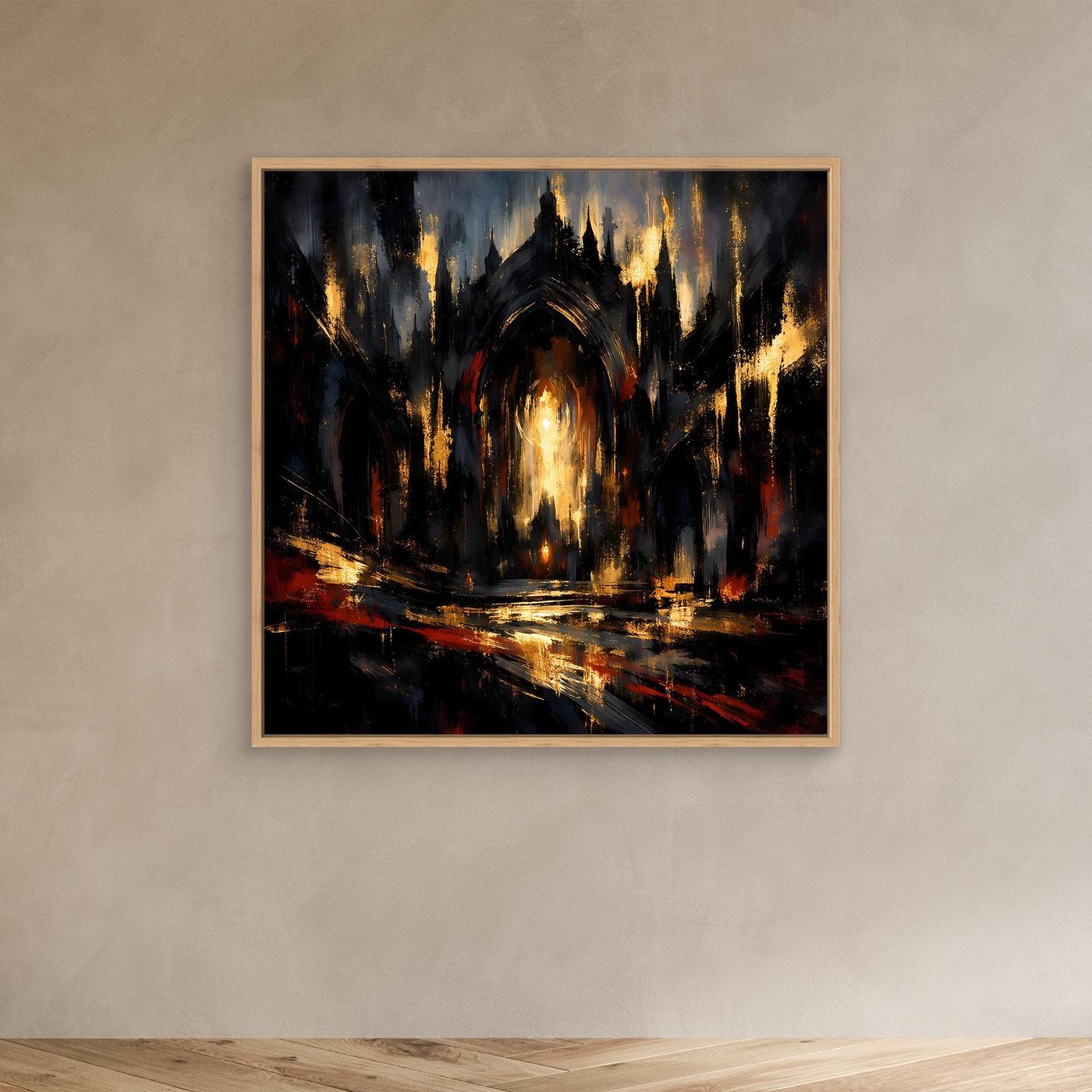 Abstraktes Leinwandbild mit Eichenrahmen, gotische Kathedrale dunkel, Gold und Rot.