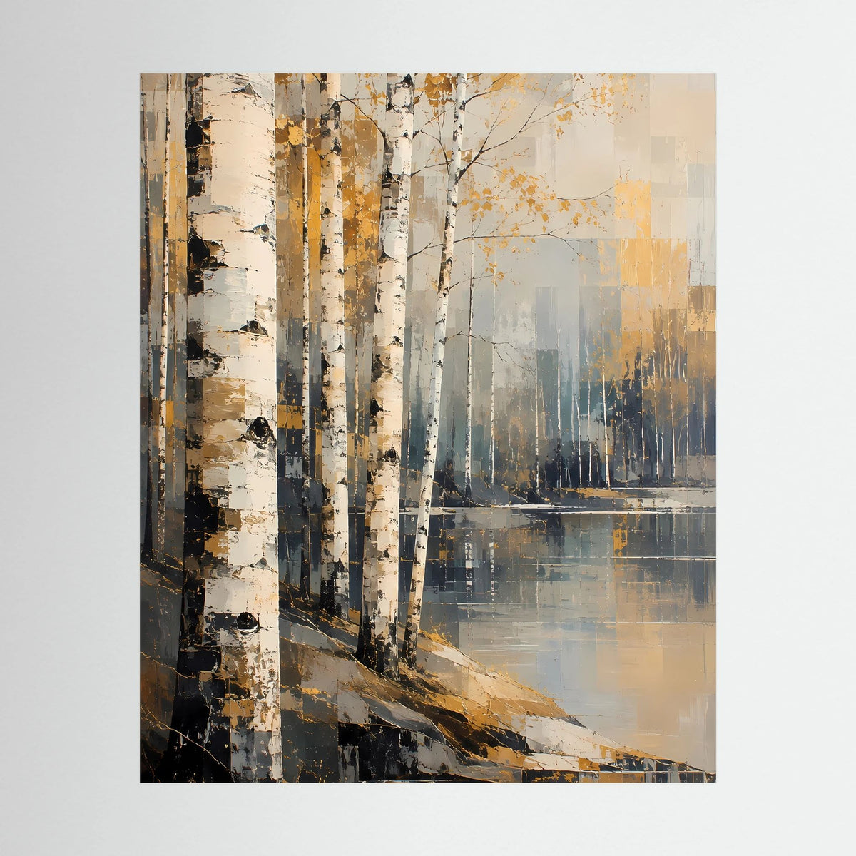 Hochformatiges Poster mit abstraktem Birkenwald in Gold, Beige und dunklen Akzenten