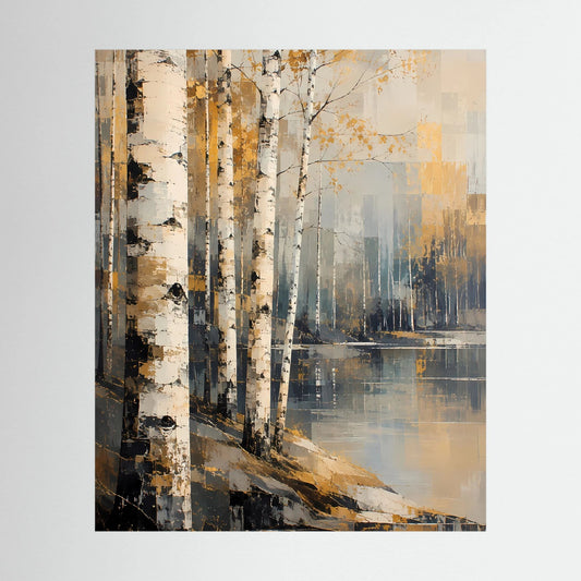 Hochformatiges Poster mit abstraktem Birkenwald in Gold, Beige und dunklen Akzenten