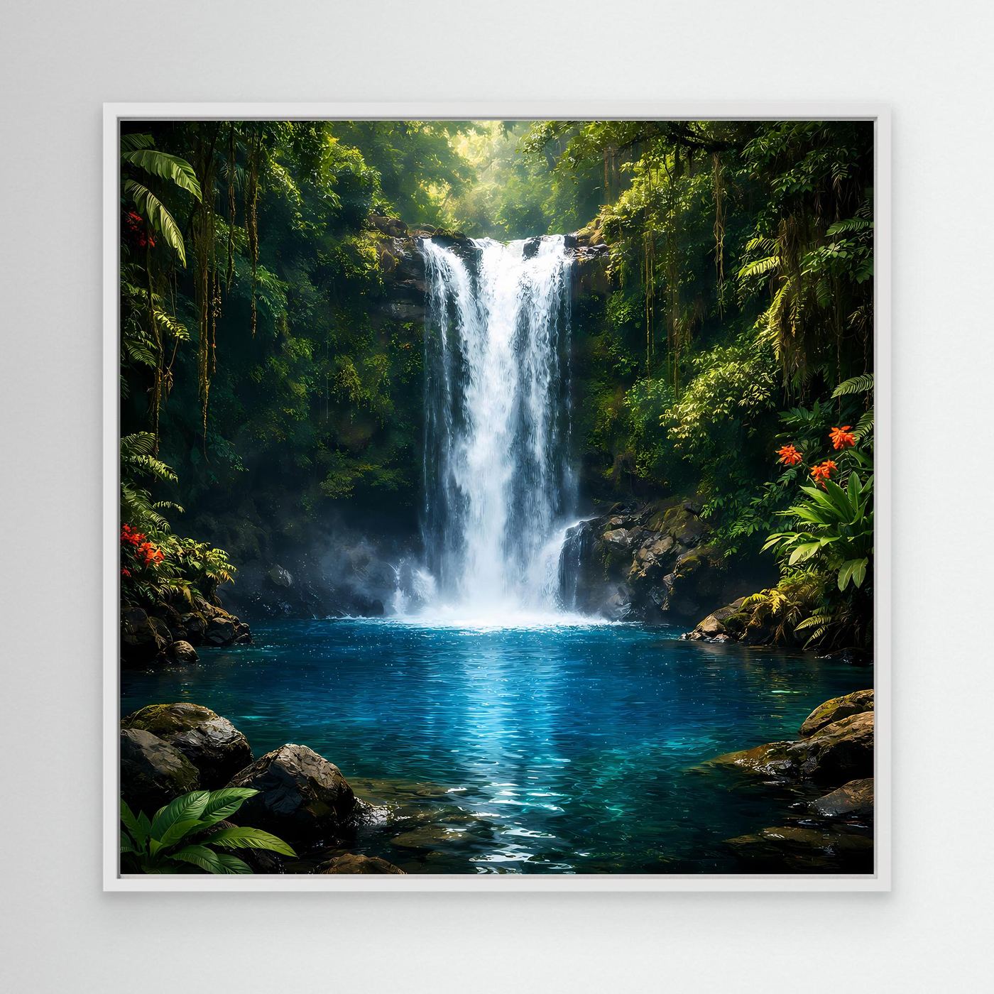 Leinwandbild mit Dschungel-Wasserfall und türkisblauem Wasser, weißer Rahmen