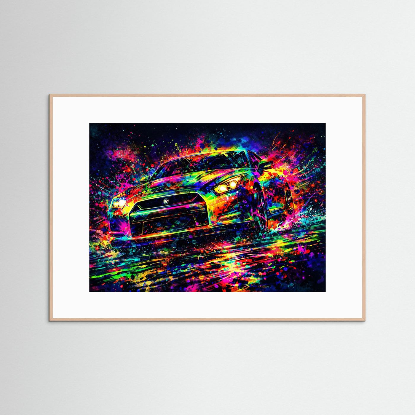 Moderner Sportwagen im Farbexplosion-Stil | Dynamische Tuning Auto Kunst Poster Querformat