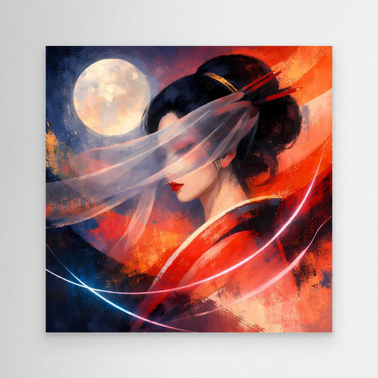 Leinwandbild mit Geisha-Porträt, rotem und blauem Abstrakt, ohne sichtbaren Rahmen