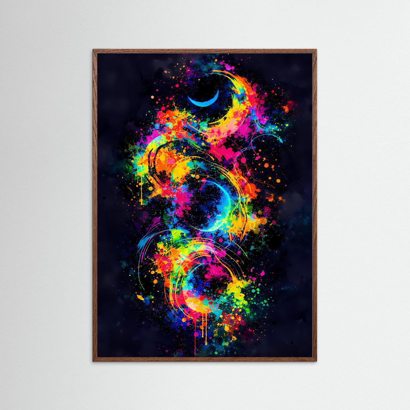 Kosmische Zyklen | Abstraktes Mond & Galaxie Poster in bunten Neonfarben | Modernes Kunstposter Hochformat