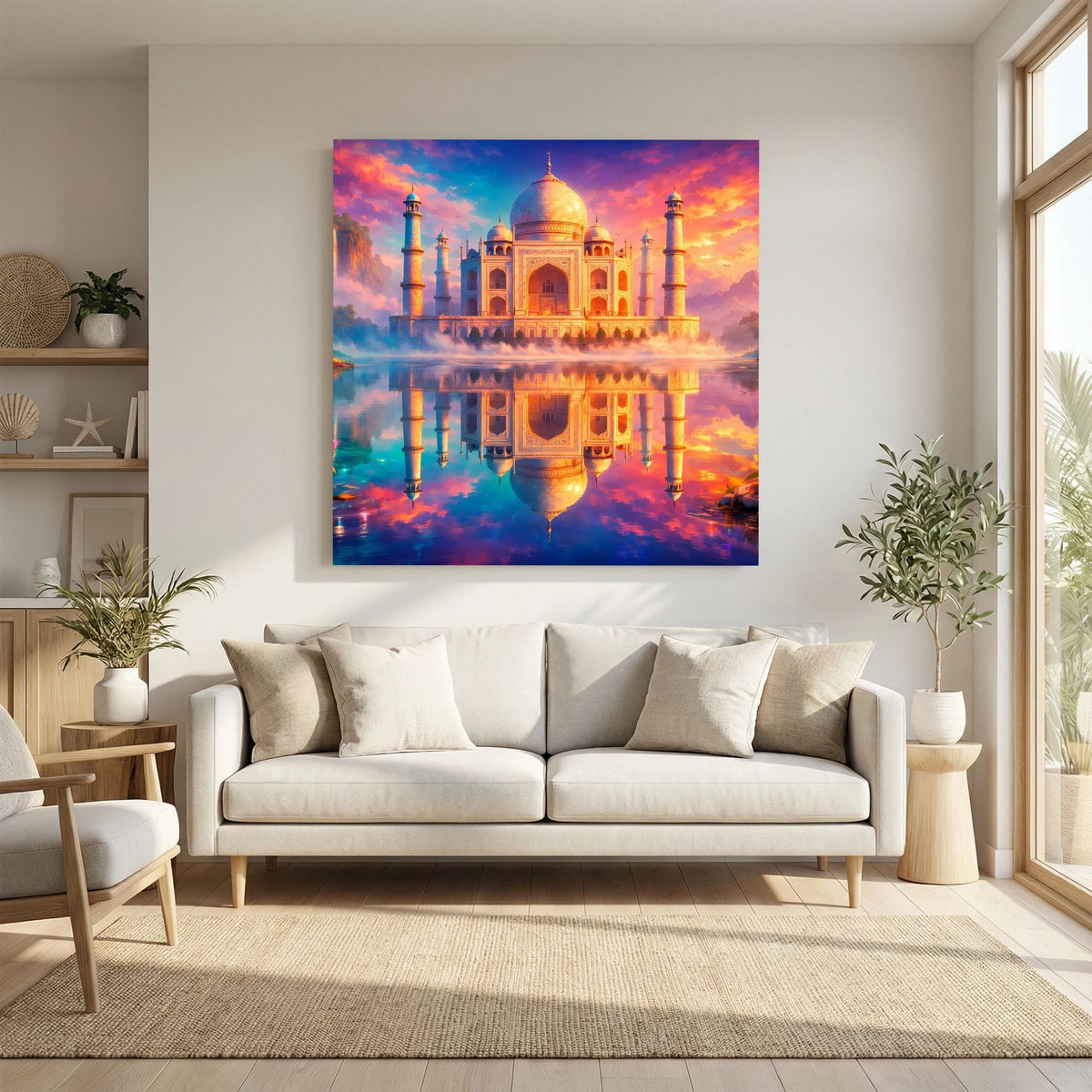 Leinwandbild mit Taj Mahal, goldener Kuppel, Minaretten und spiegelnder Aussicht