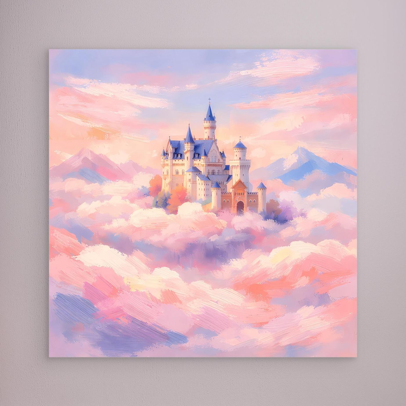 Leinwand Schloss Neuschwanstein über Wolken | Märchenhafte Pastelltöne Wandbild