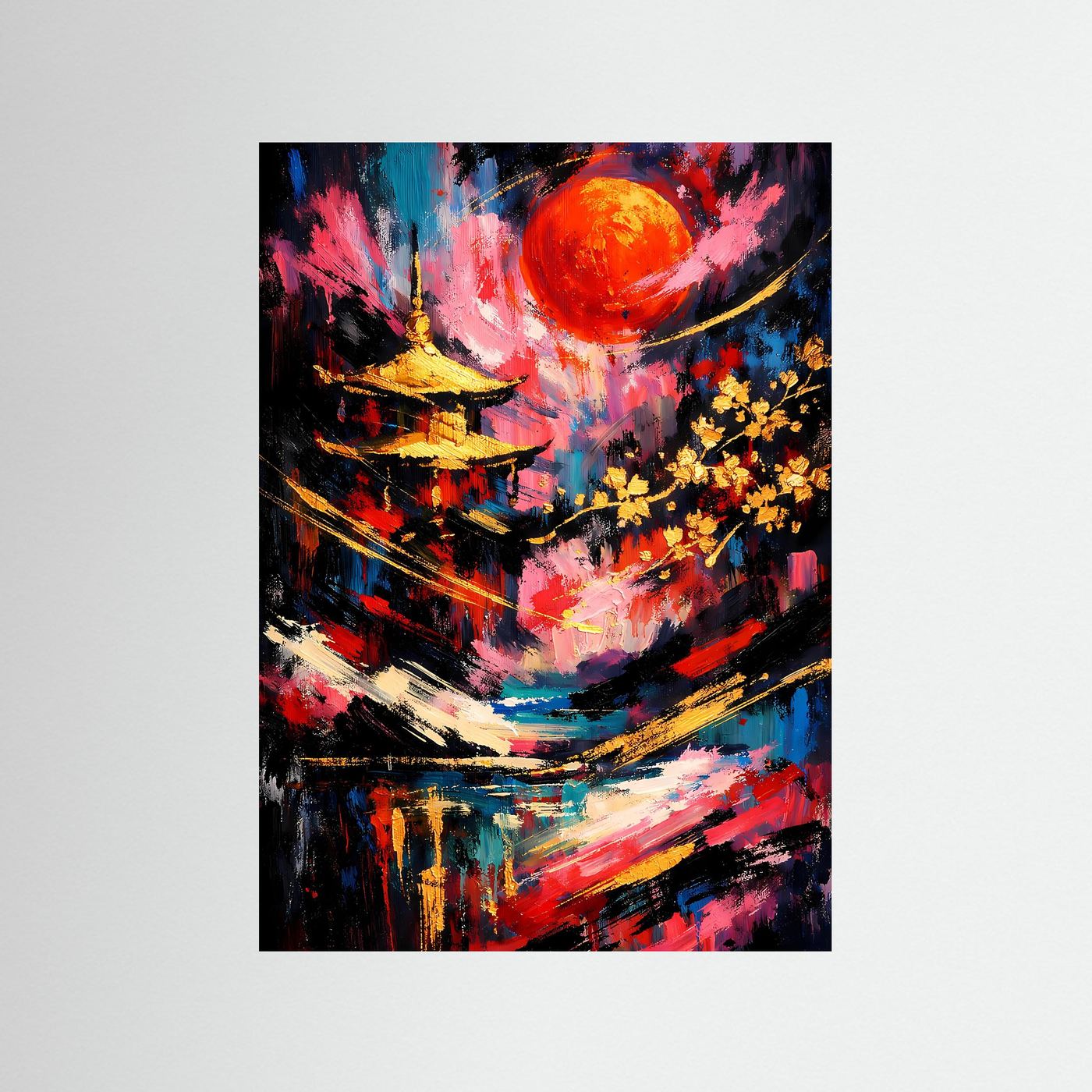 Abstraktes Pagoden-Poster (Hochformat) mit Sonnenmotiv, schwarzer Rahmen
