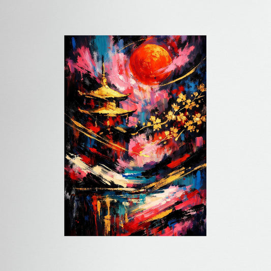 Abstraktes Pagoden-Poster (Hochformat) mit Sonnenmotiv, schwarzer Rahmen