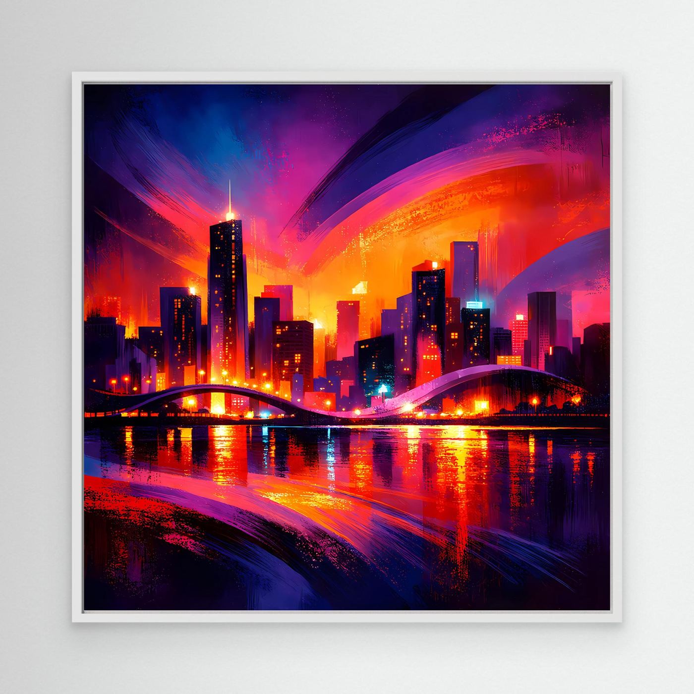 Wandbild auf Leinwand mit Neon-Großstadt-Skyline bei Nacht im weißen Rahmen