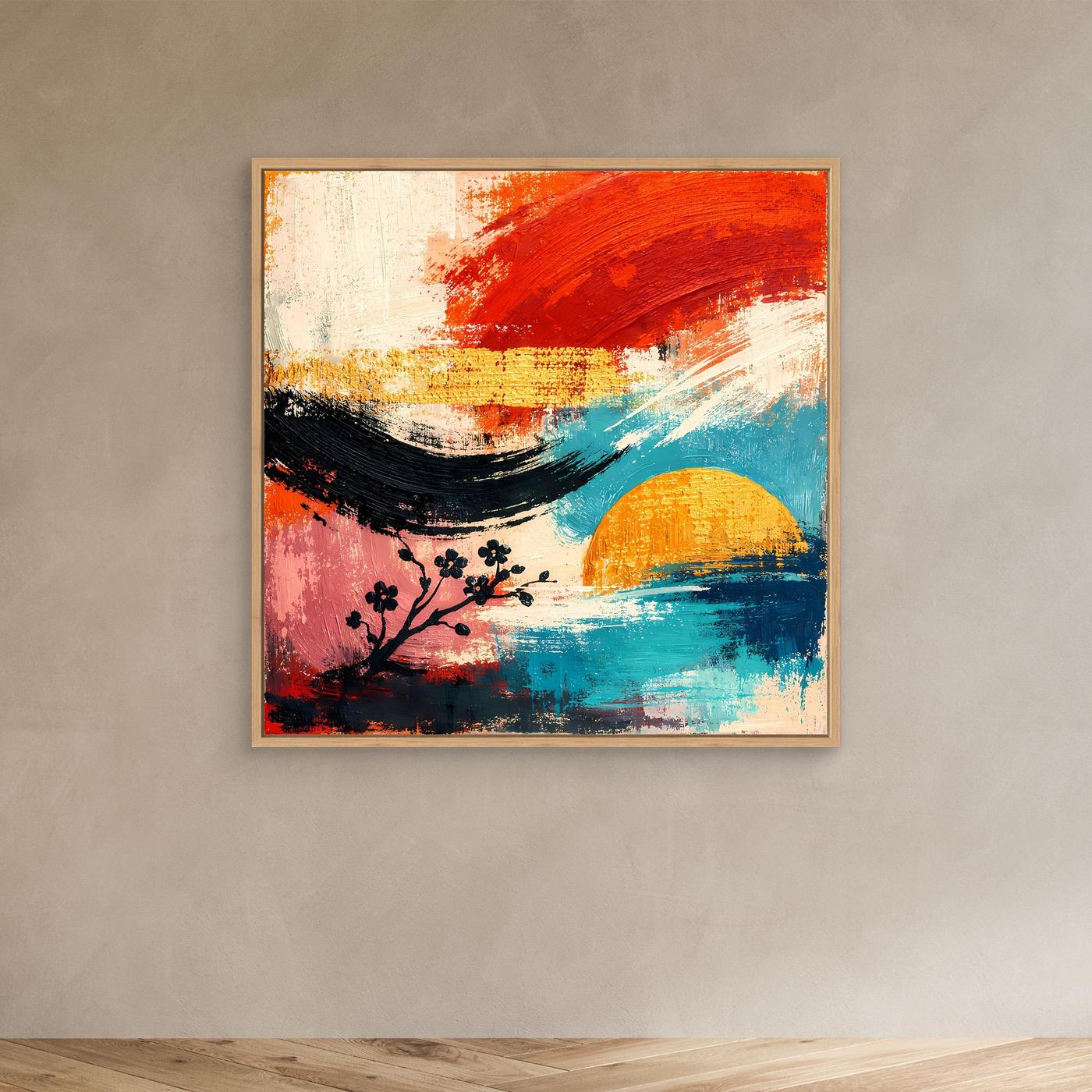 Abstraktes Wandbild mit hellem Holzrahmen: Kirschblütenzweig, gelbe Sonne, blaues Wasser