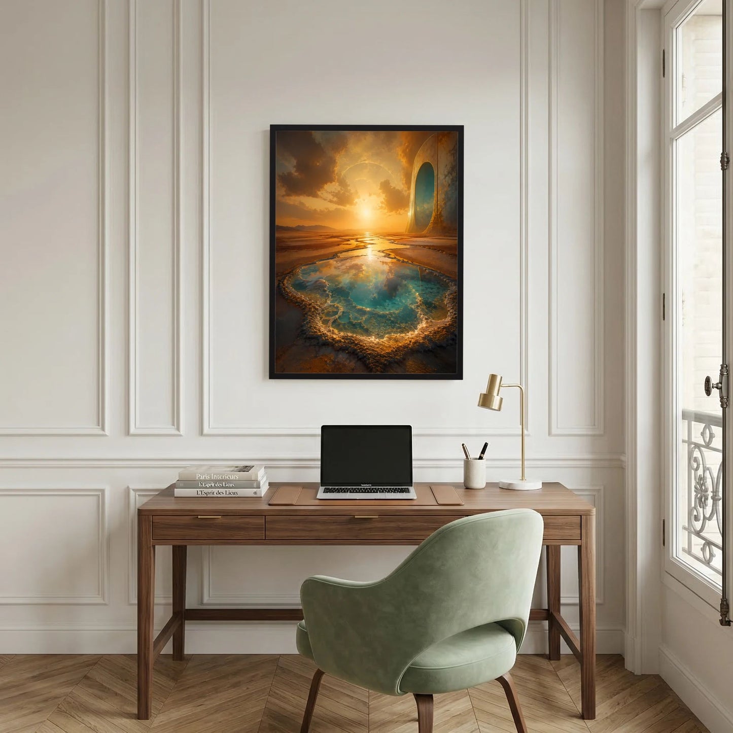 Gerahmtes Poster im Hochformat mit goldenem Portal, türkisfarbener Quelle und Wüstenlandschaft