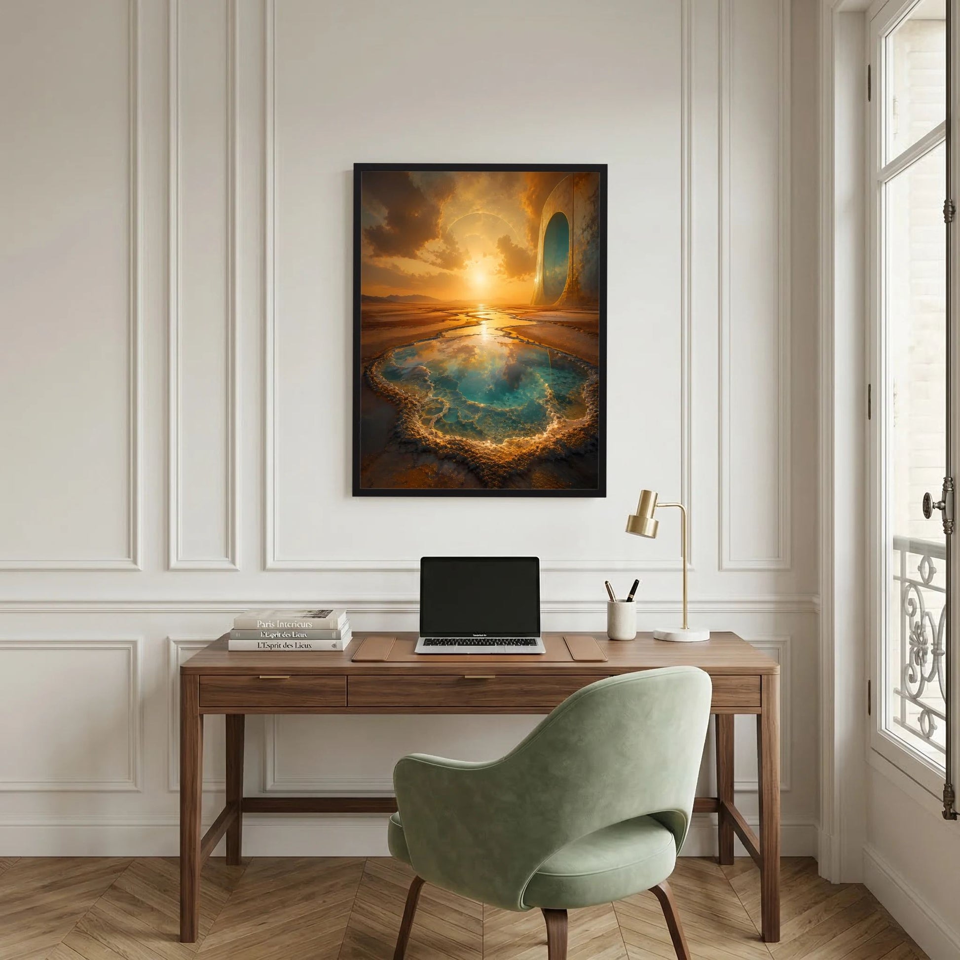 Gerahmtes Poster im Hochformat mit goldenem Portal, türkisfarbener Quelle und Wüstenlandschaft