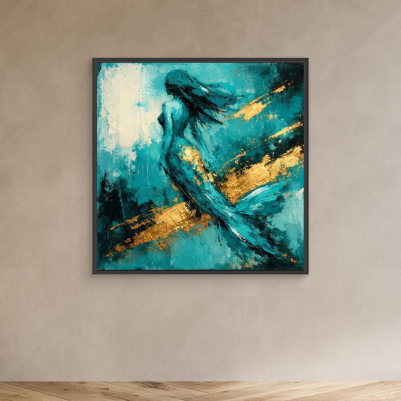 Leinwand Elegante Meerjungfrau in Türkis | Abstraktes Nixen Wandbild Gold Blau
