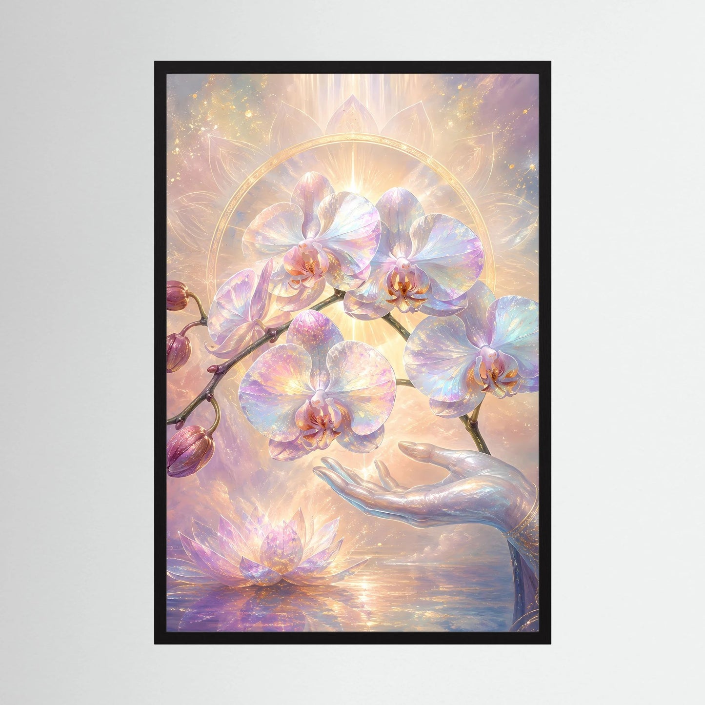 Hochformatiges Kunstposter mit Orchideen- und Lotusmotiv, Perlmutt-Pastell, schwarzer Rahmen