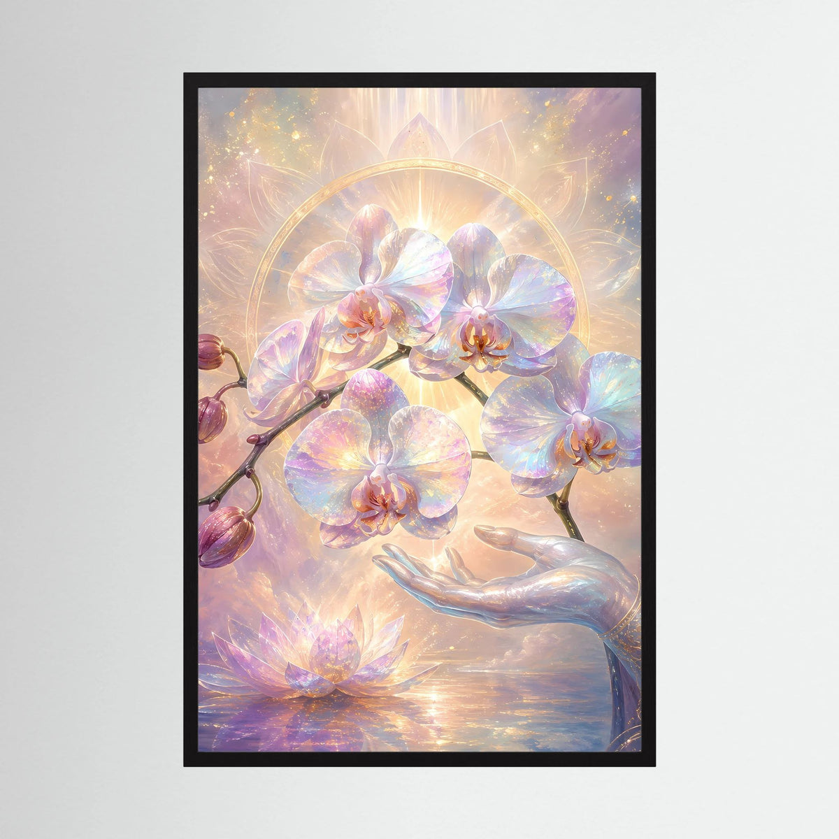 Hochformatiges Kunstposter mit Orchideen- und Lotusmotiv, Perlmutt-Pastell, schwarzer Rahmen