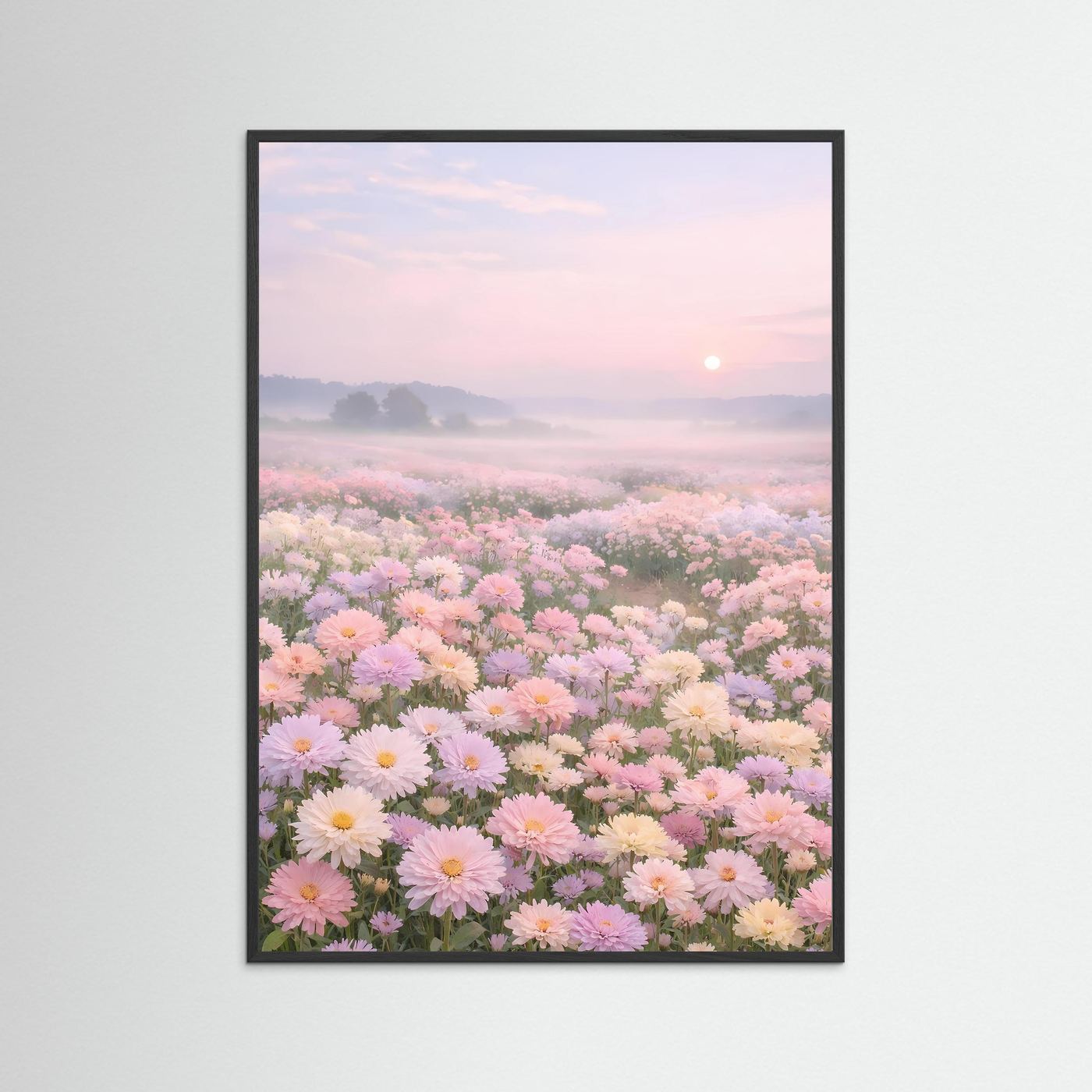 Florales Poster mit Blumenmeer bei Sonnenaufgang, schwarzer Rahmen, hochformat