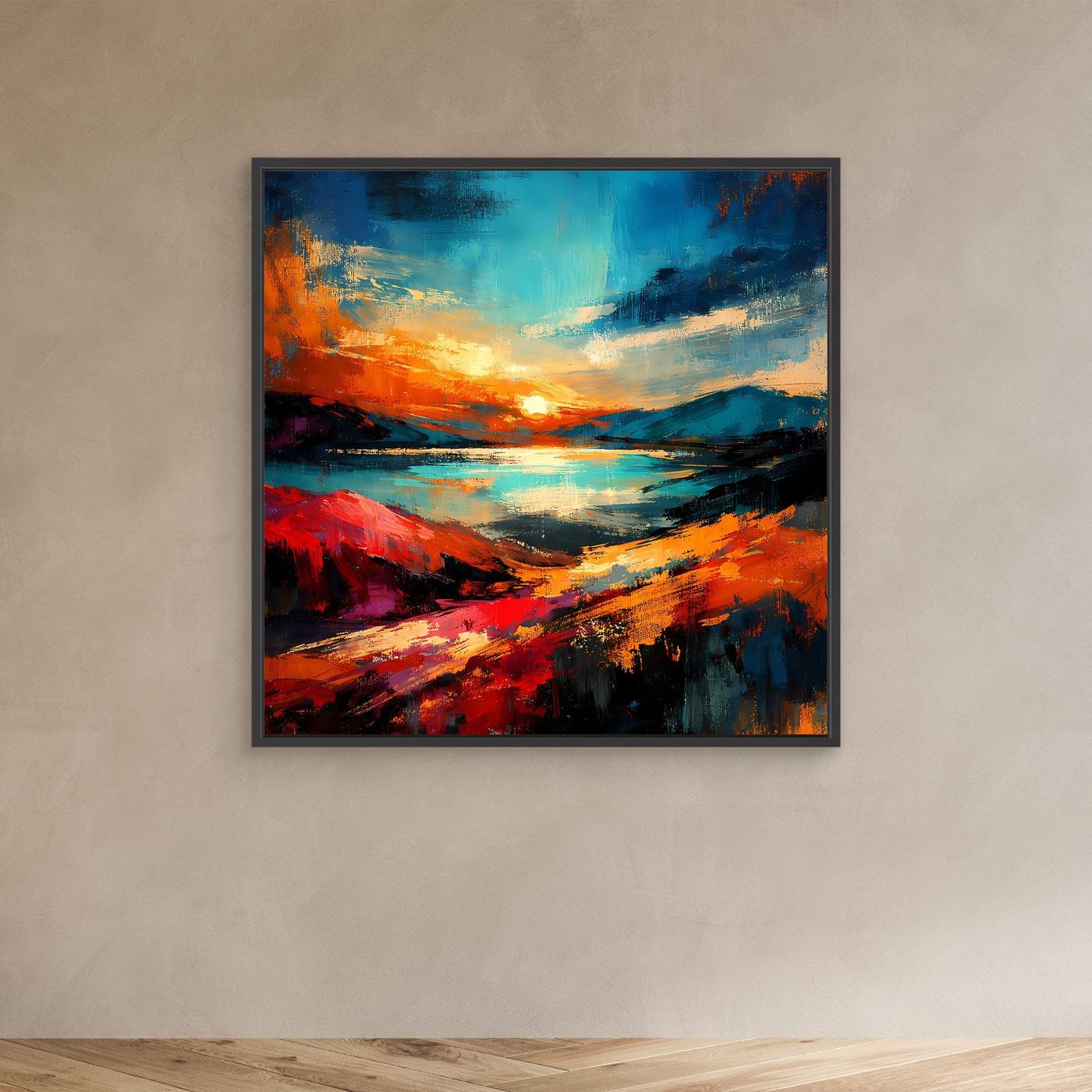 Abstraktes Leinwandbild mit dunklem Rahmen, Blau-Rot-Mix mit goldener Lichtfläche