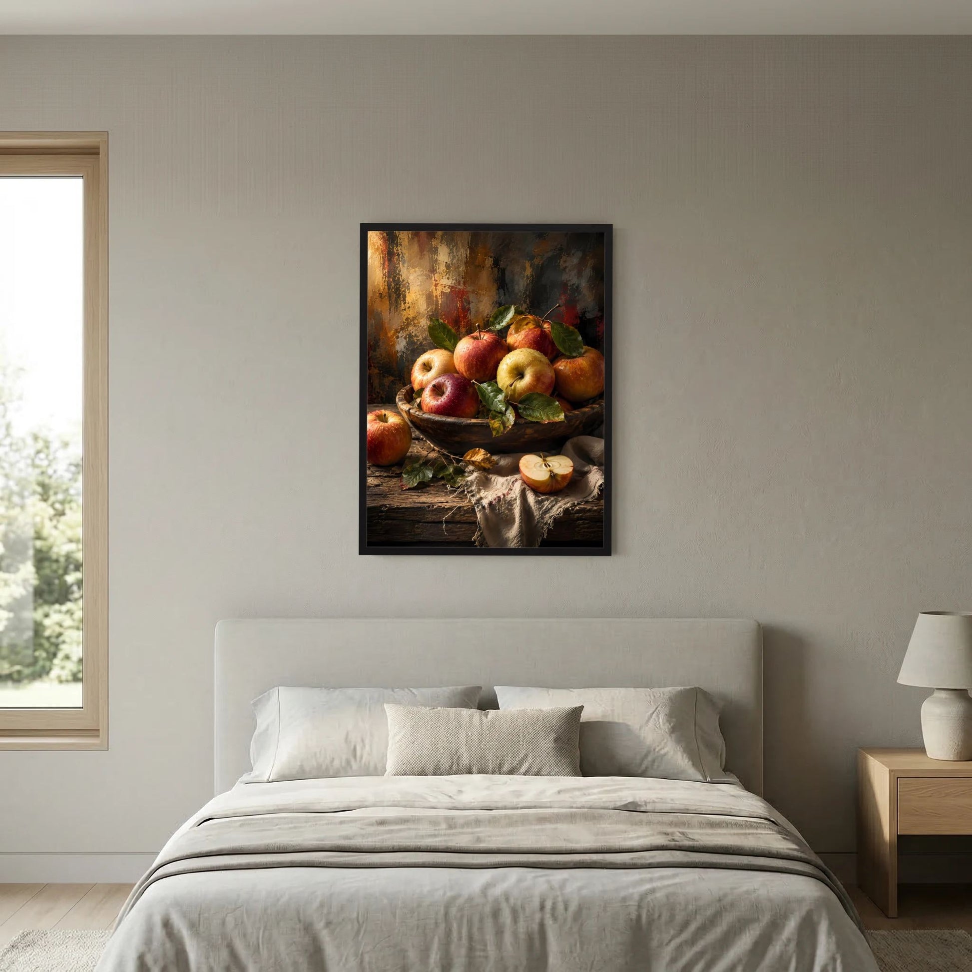 Hochformatiges Poster mit buntem Apfel-Stillleben in Schale, im schwarzen Rahmen