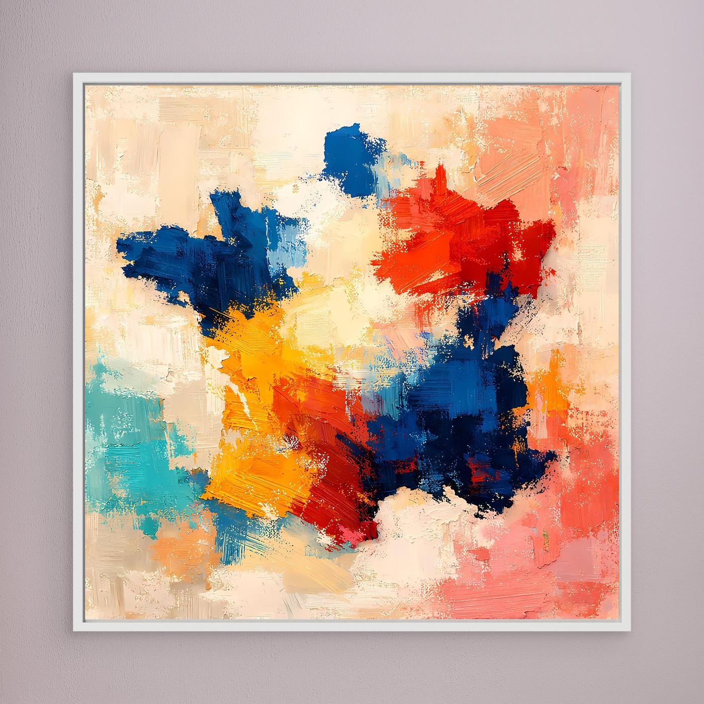 Abstract canvas wall art with blue, red, orange, yellow, and white paint in white frame